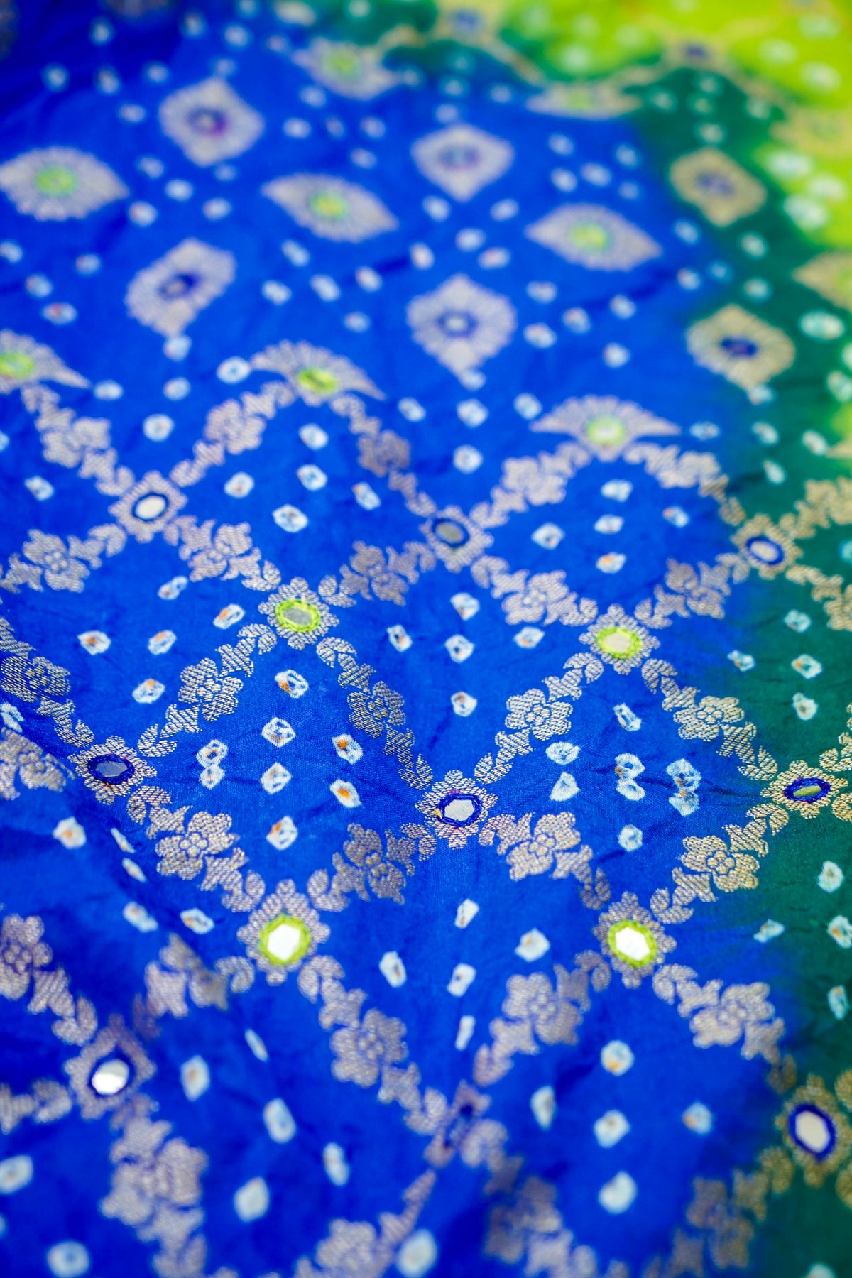 Dual-Tone Paisley Motif Royal Blue and Green Bandhani Dupion Silk Saree