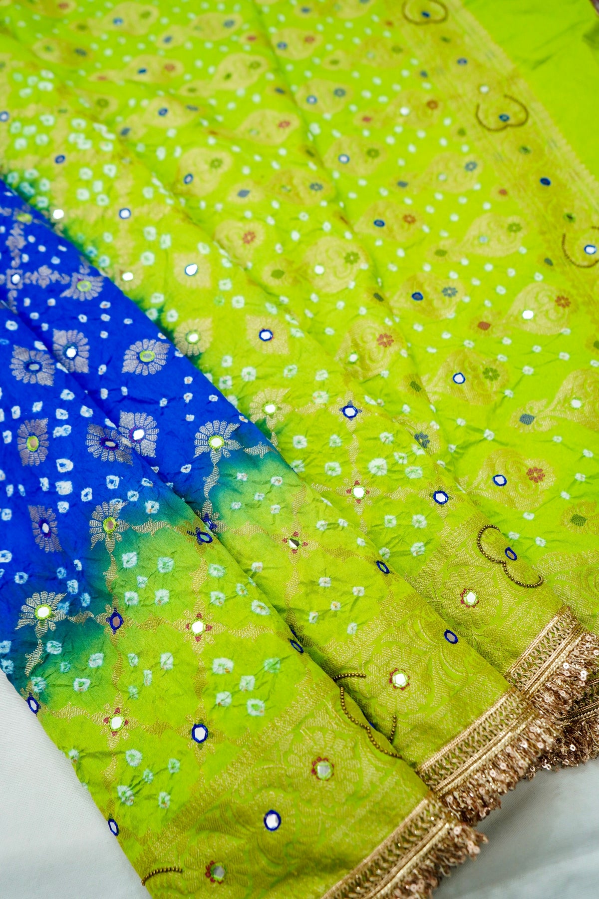 Dual-Tone Paisley Motif Royal Blue and Green Bandhani Dupion Silk Saree