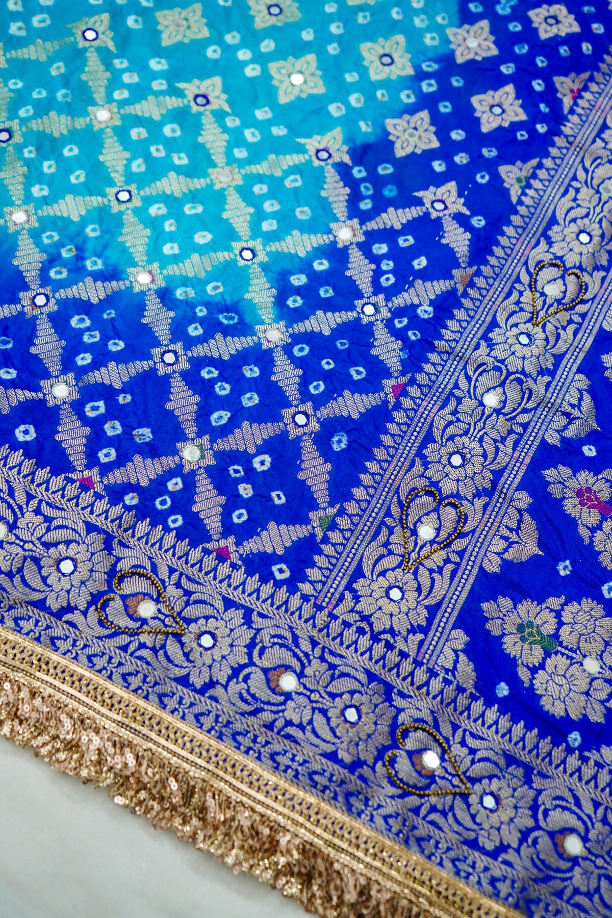 Dual Shade - Sky Blue and Royal Blue Bandhani Dupion Silk Saree