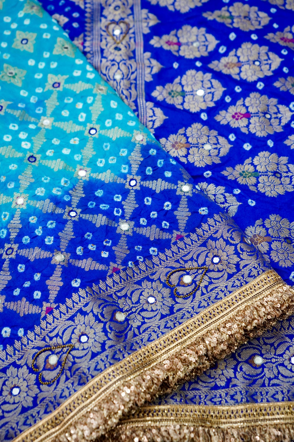 Dual Shade - Sky Blue and Royal Blue Bandhani Dupion Silk Saree