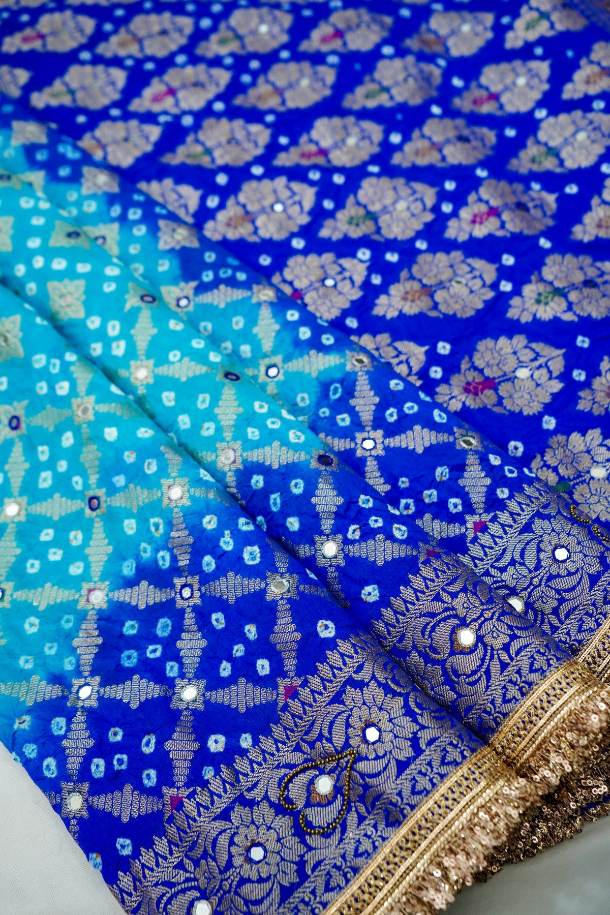 Dual Shade - Sky Blue and Royal Blue Bandhani Dupion Silk Saree