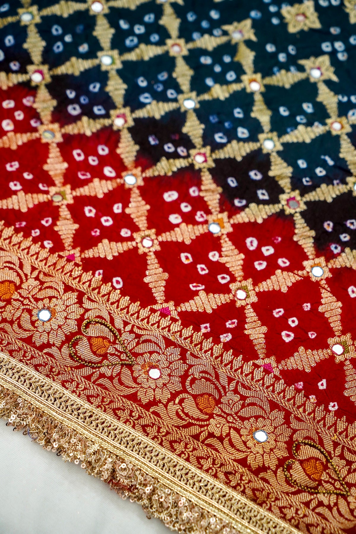 Dual Shade - Navy Blue and Crimson Red Bandhani Dupion Silk Saree