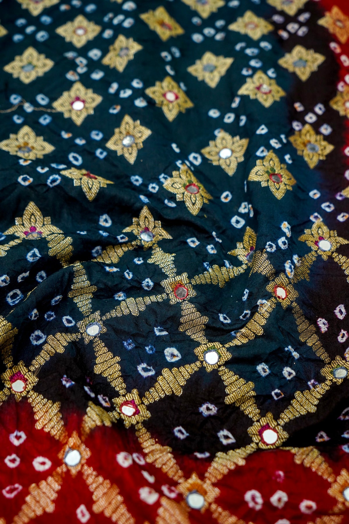Dual Shade - Navy Blue and Crimson Red Bandhani Dupion Silk Saree