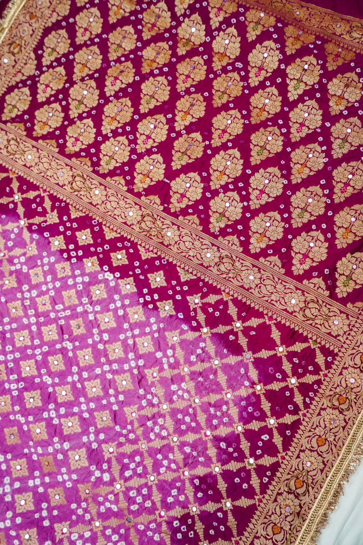 Dual Shade - Pink and Wine Bandhani Dupion Silk Saree