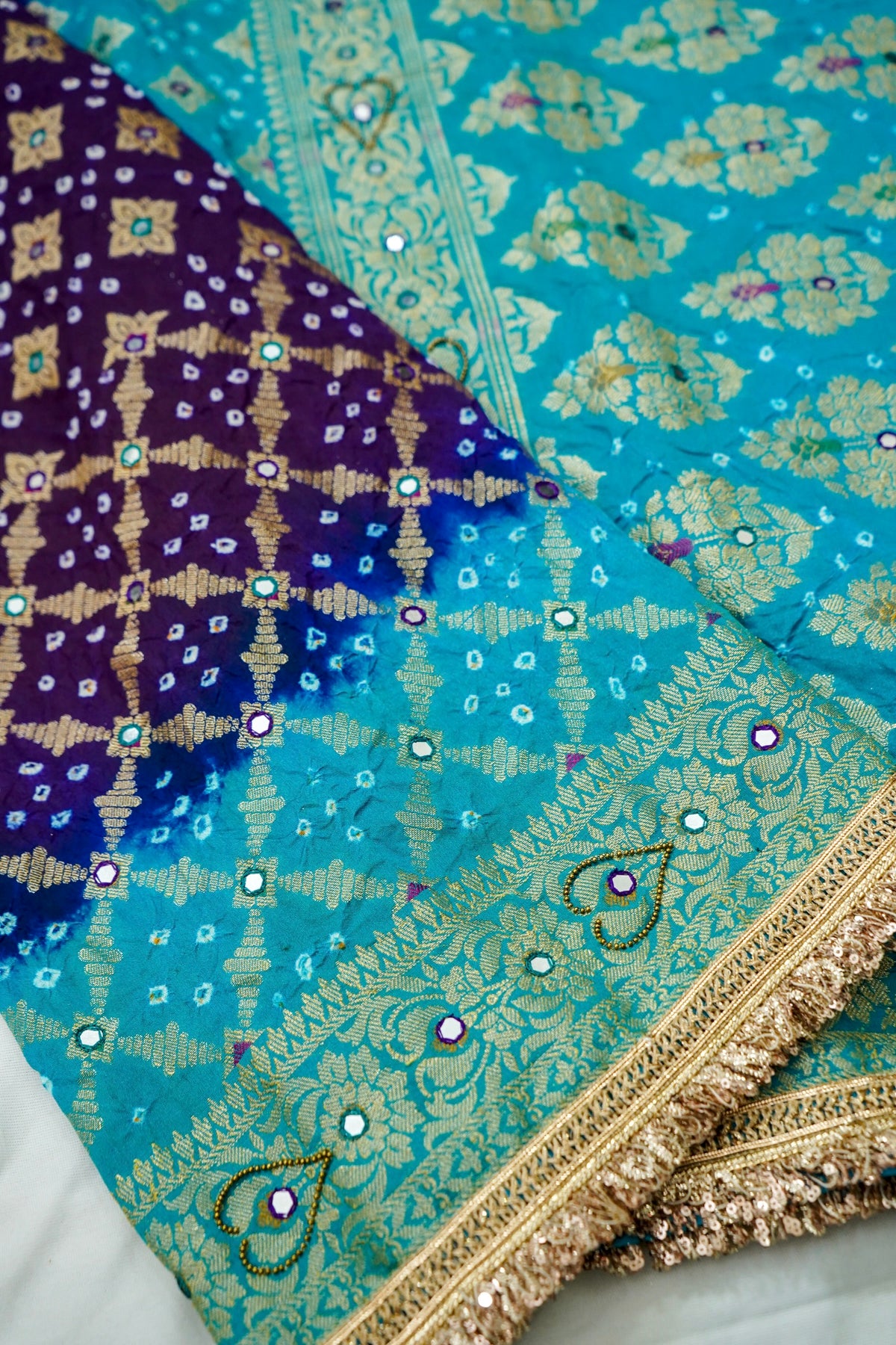 Dual Shade - Royal Blue and Turquoise Bandhani Dupion Silk Saree