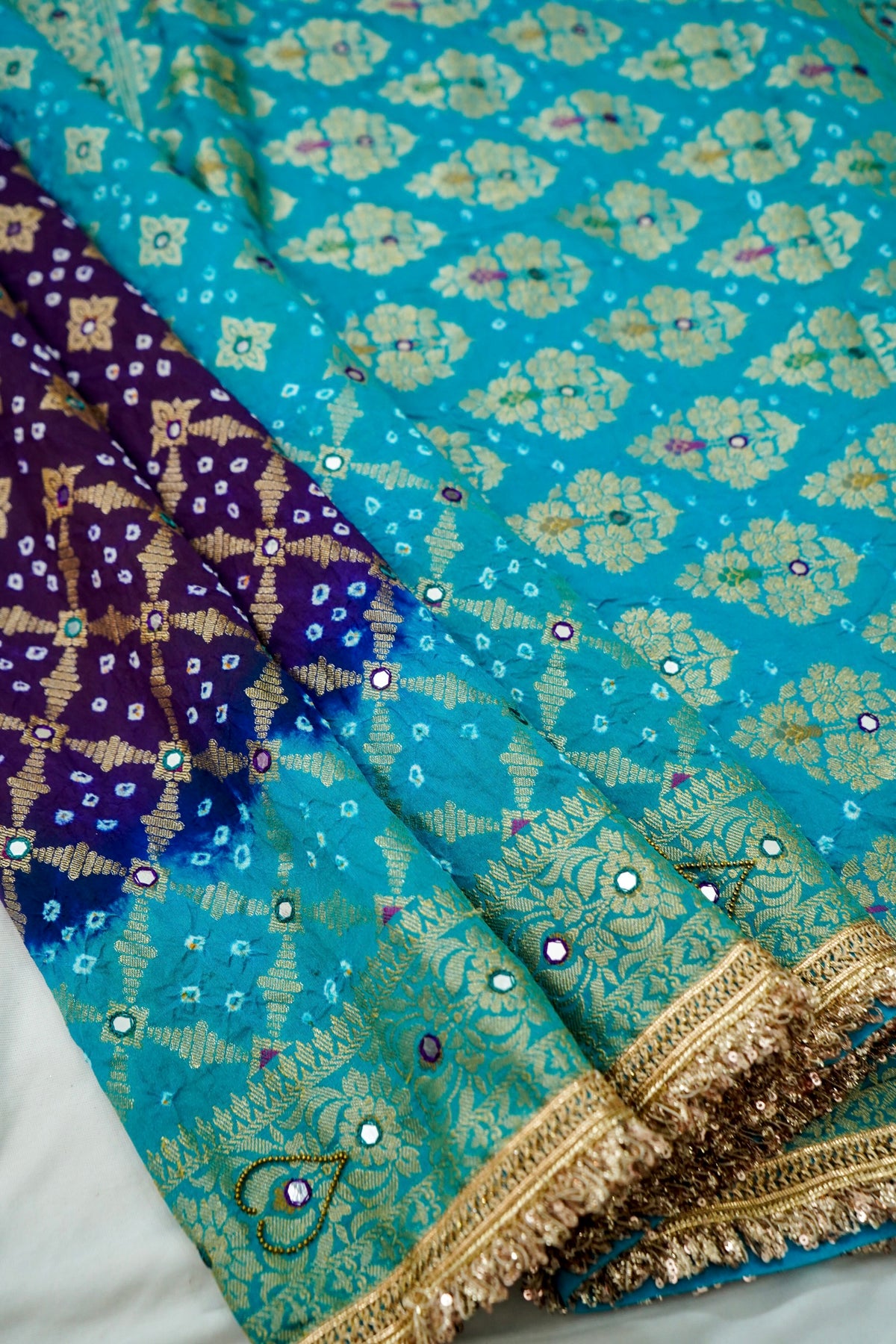 Dual Shade - Royal Blue and Turquoise Bandhani Dupion Silk Saree