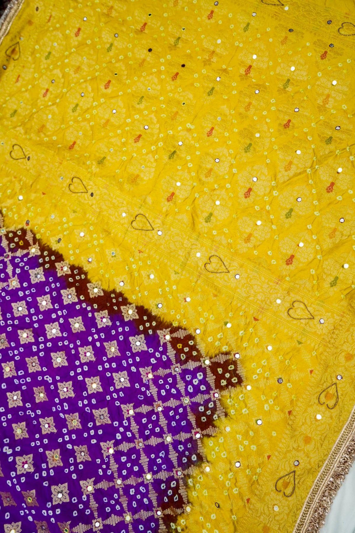 Dual Shade - Royal Purple & Mustard Yellow Bandhani Dupion Silk Saree