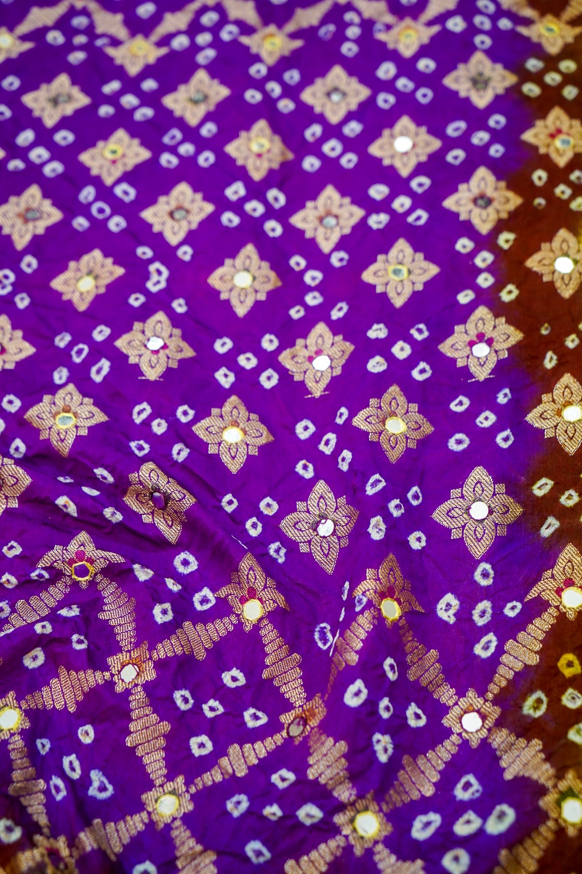 Dual Shade - Royal Purple & Mustard Yellow Bandhani Dupion Silk Saree