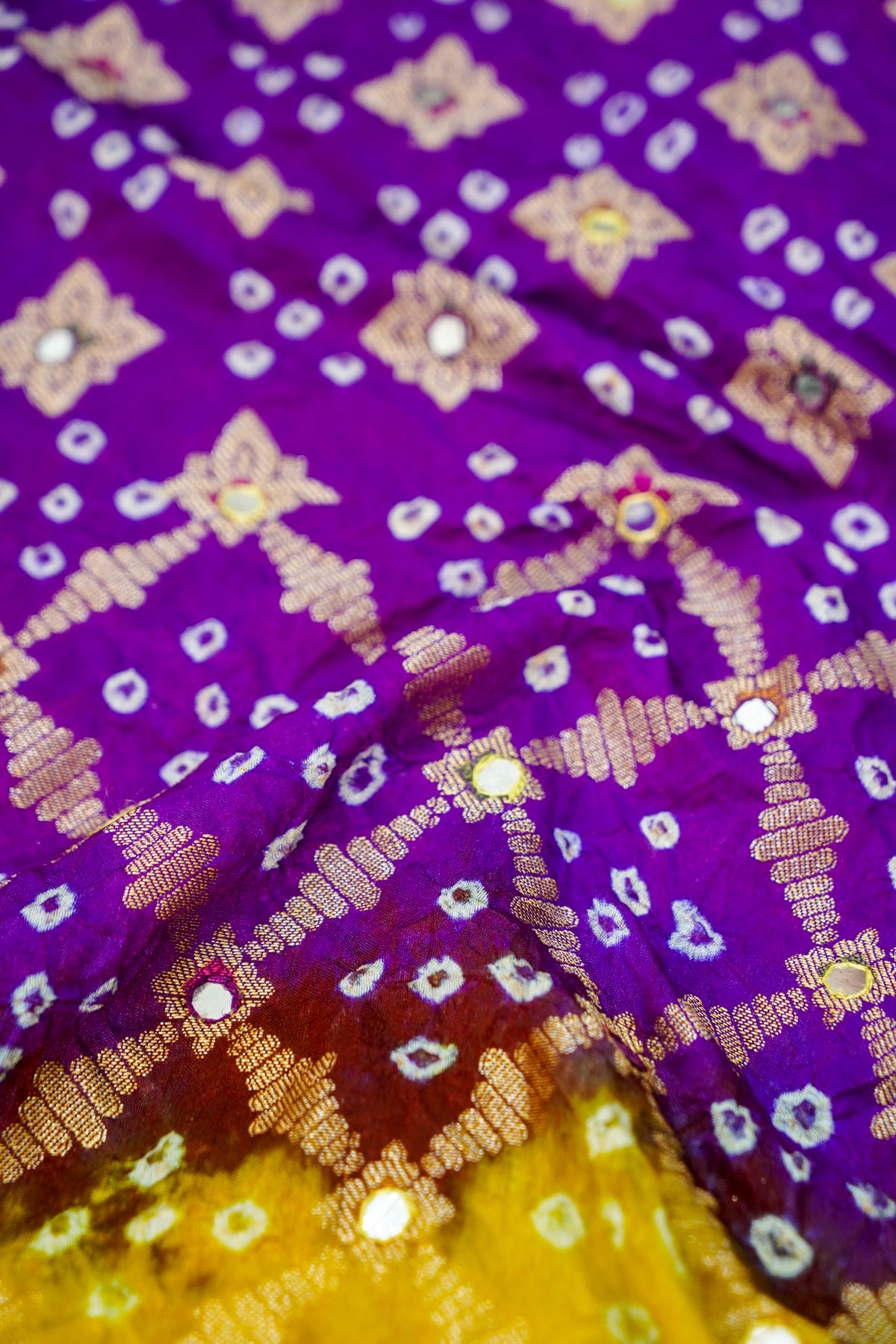 Dual Shade - Royal Purple & Mustard Yellow Bandhani Dupion Silk Saree