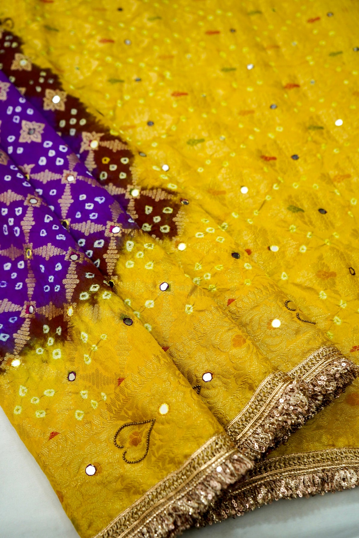 Dual Shade - Royal Purple & Mustard Yellow Bandhani Dupion Silk Saree
