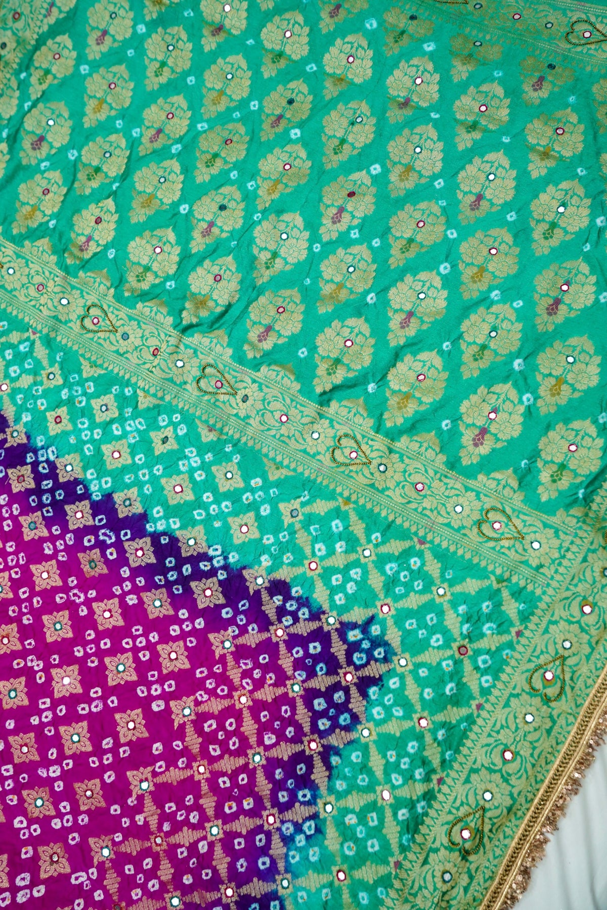 Dual Shade - Magenta and Sea Green Bandhani Dupion Silk Saree