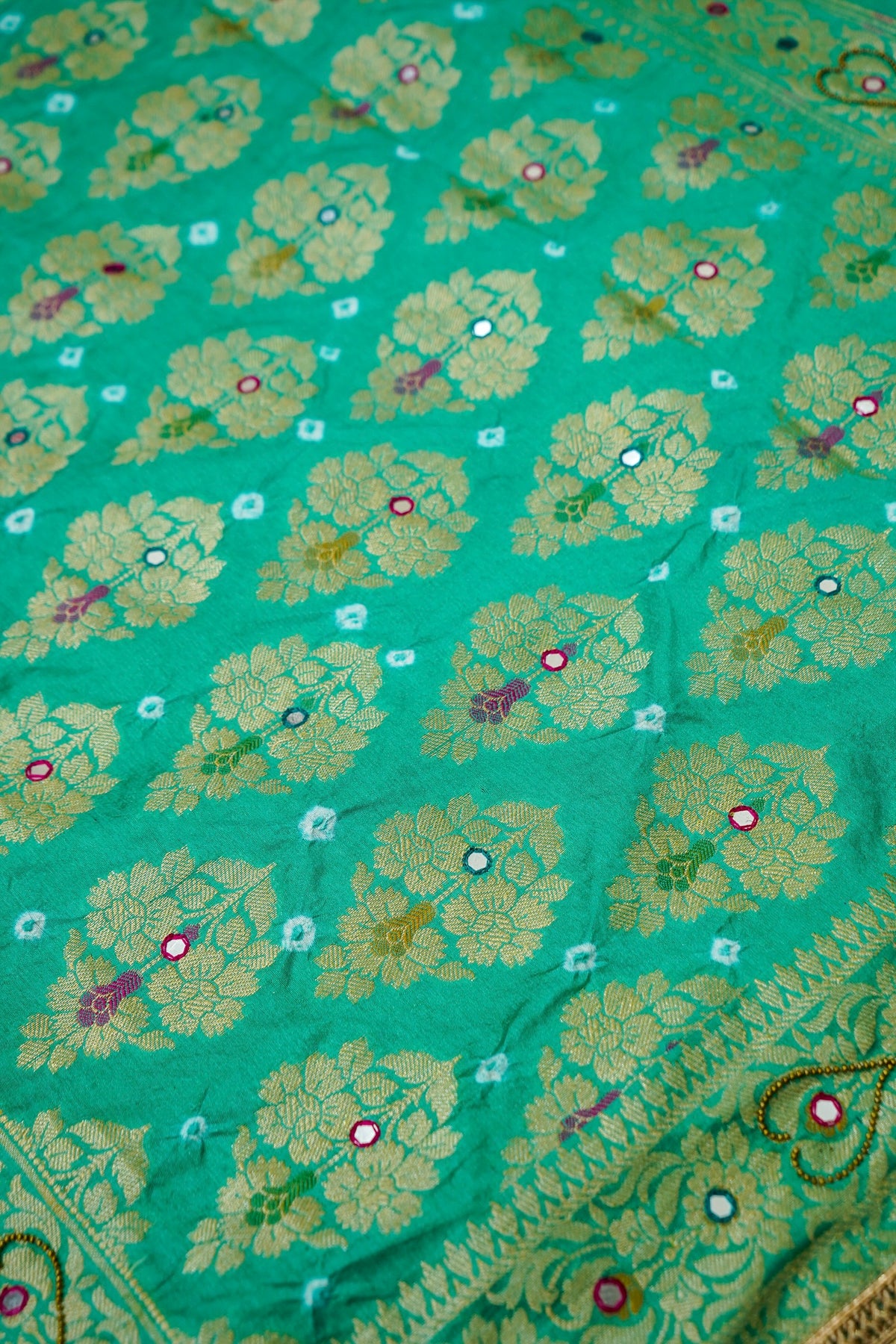 Dual Shade - Magenta and Sea Green Bandhani Dupion Silk Saree