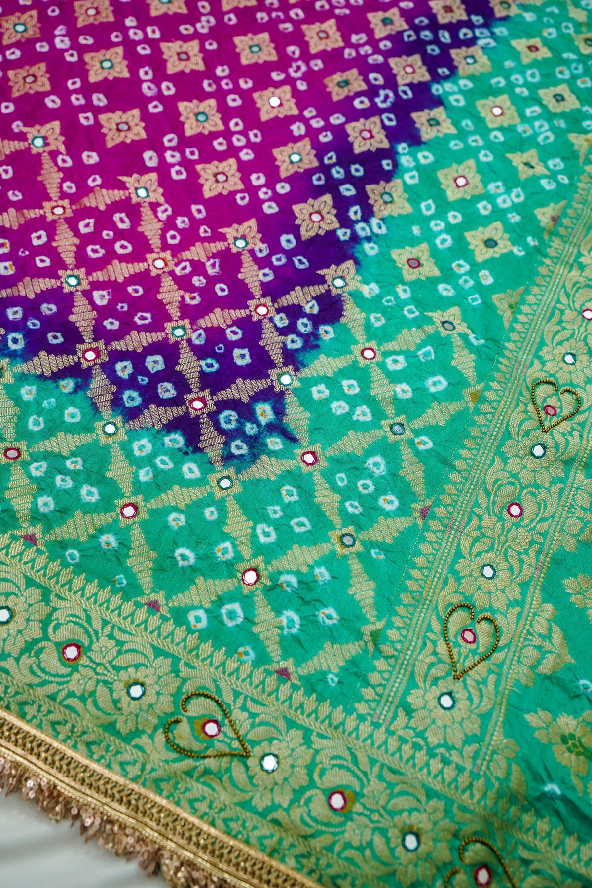 Dual Shade - Magenta and Sea Green Bandhani Dupion Silk Saree