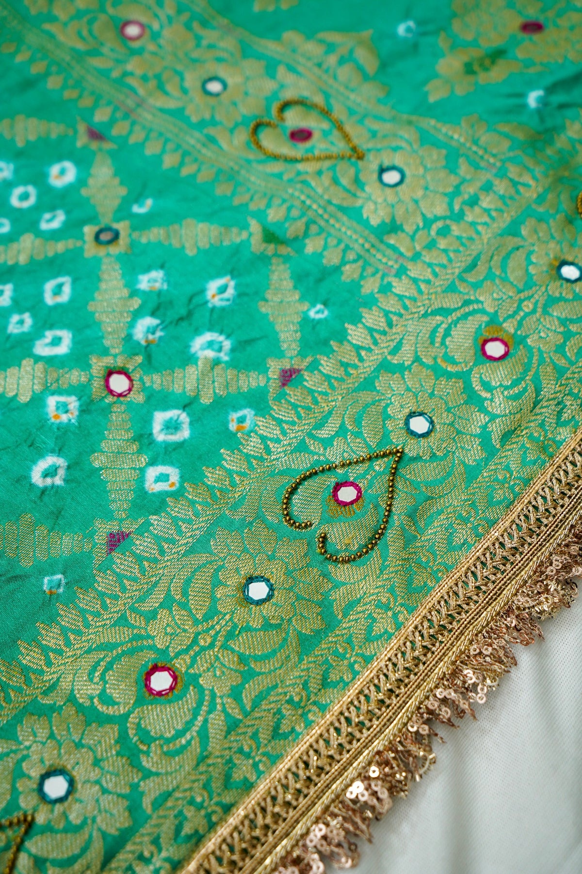 Dual Shade - Magenta and Sea Green Bandhani Dupion Silk Saree
