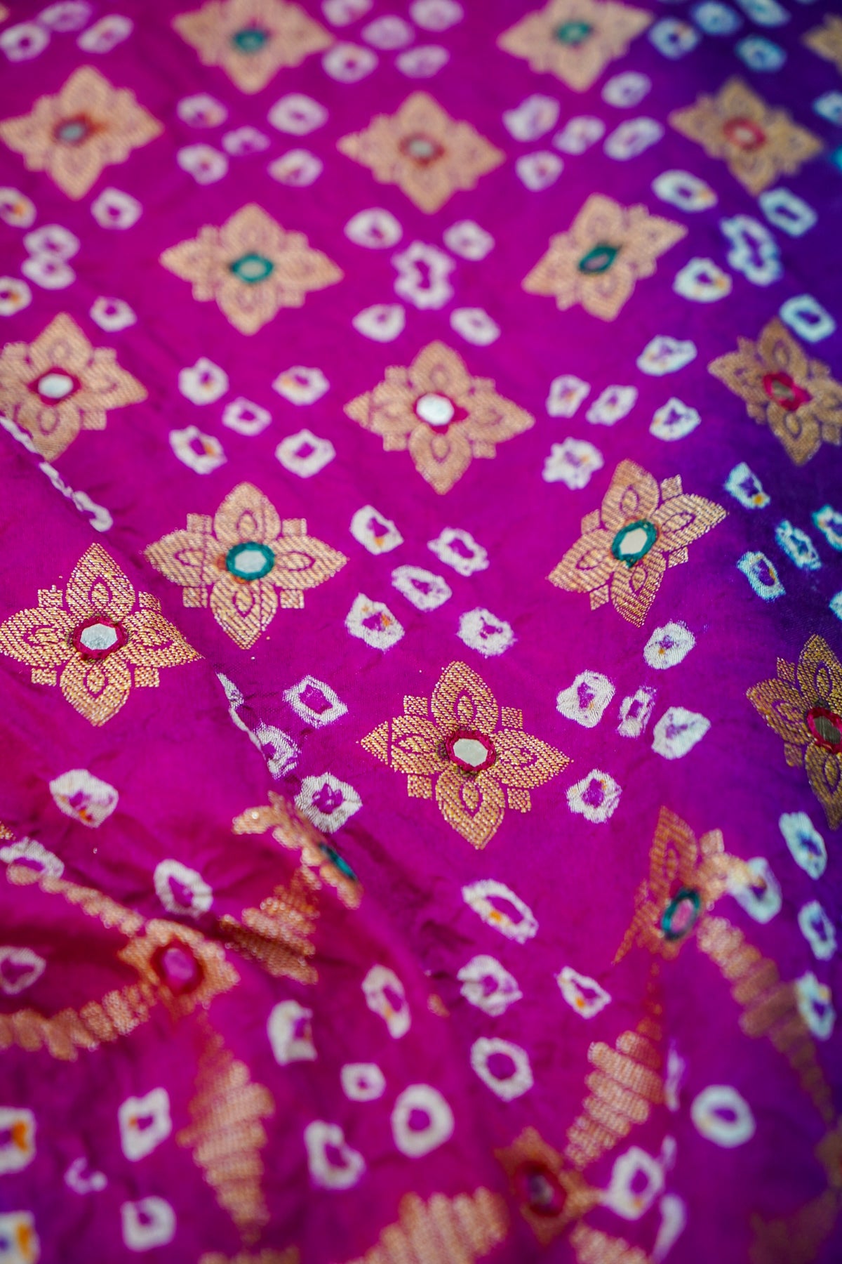 Dual Shade - Magenta and Sea Green Bandhani Dupion Silk Saree