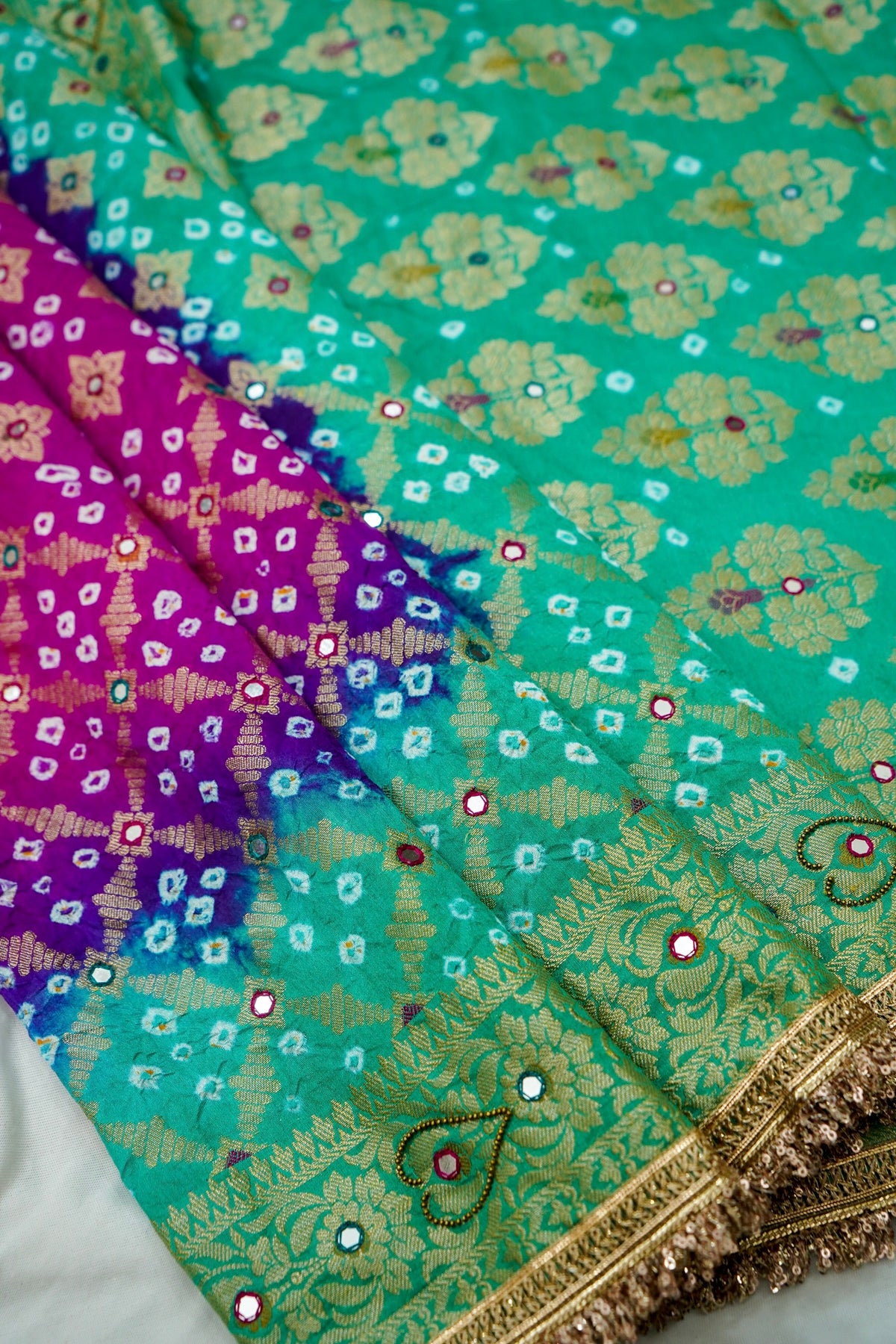 Dual Shade - Magenta and Sea Green Bandhani Dupion Silk Saree