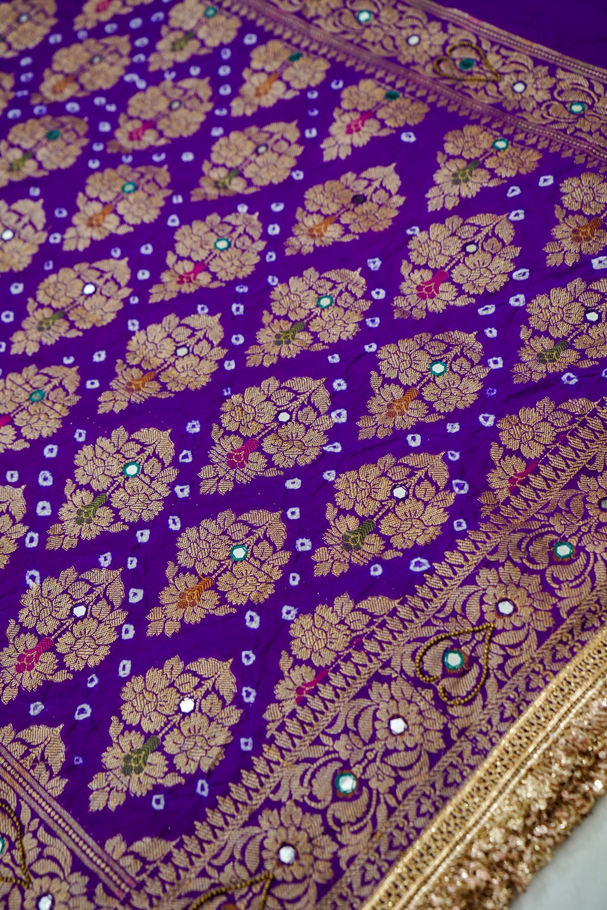 Dual Shade - Turquoise and Royal Purple Bandhani Dupion Silk Saree