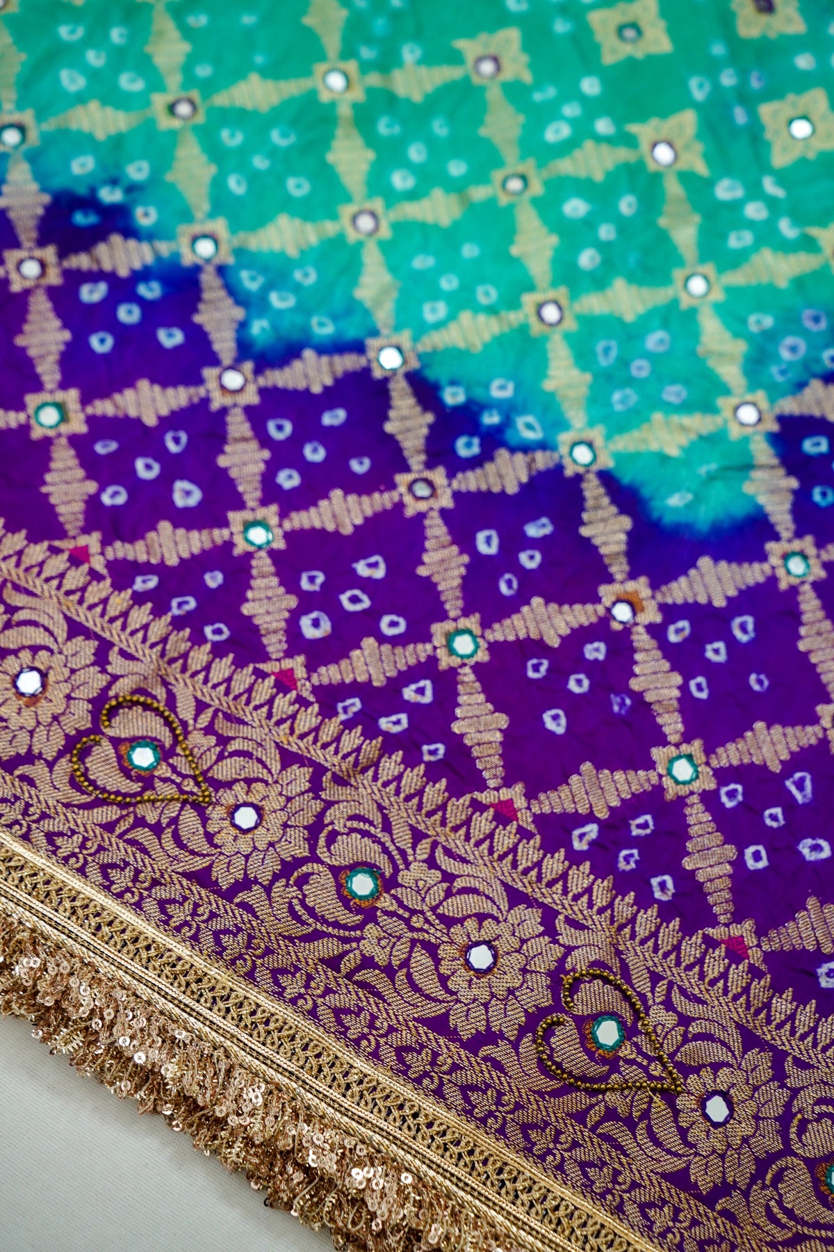 Dual Shade - Turquoise and Royal Purple Bandhani Dupion Silk Saree