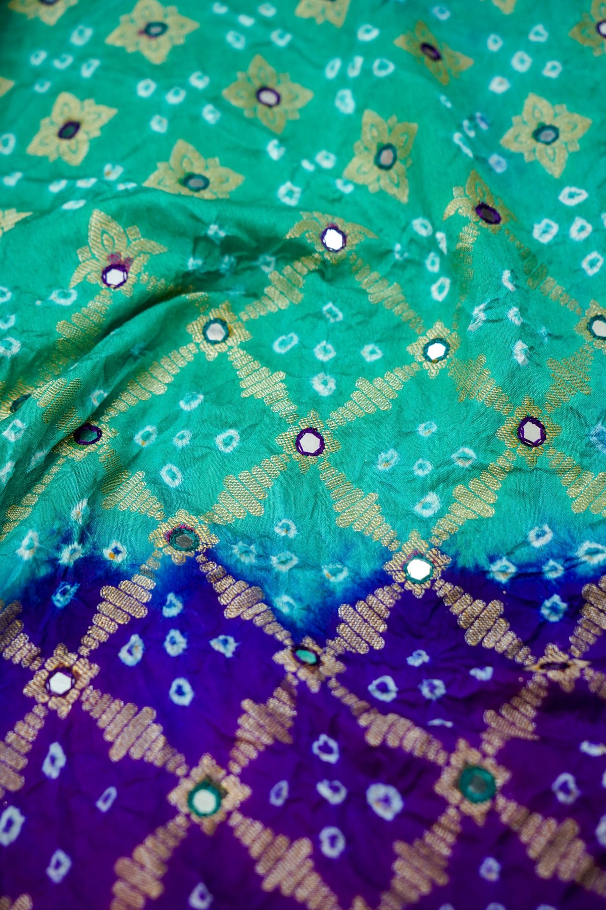 Dual Shade - Turquoise and Royal Purple Bandhani Dupion Silk Saree