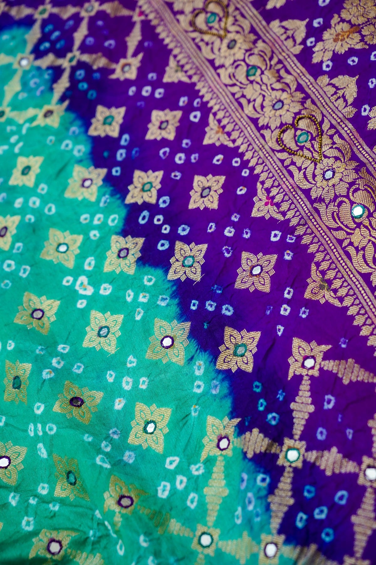 Dual Shade - Turquoise and Royal Purple Bandhani Dupion Silk Saree