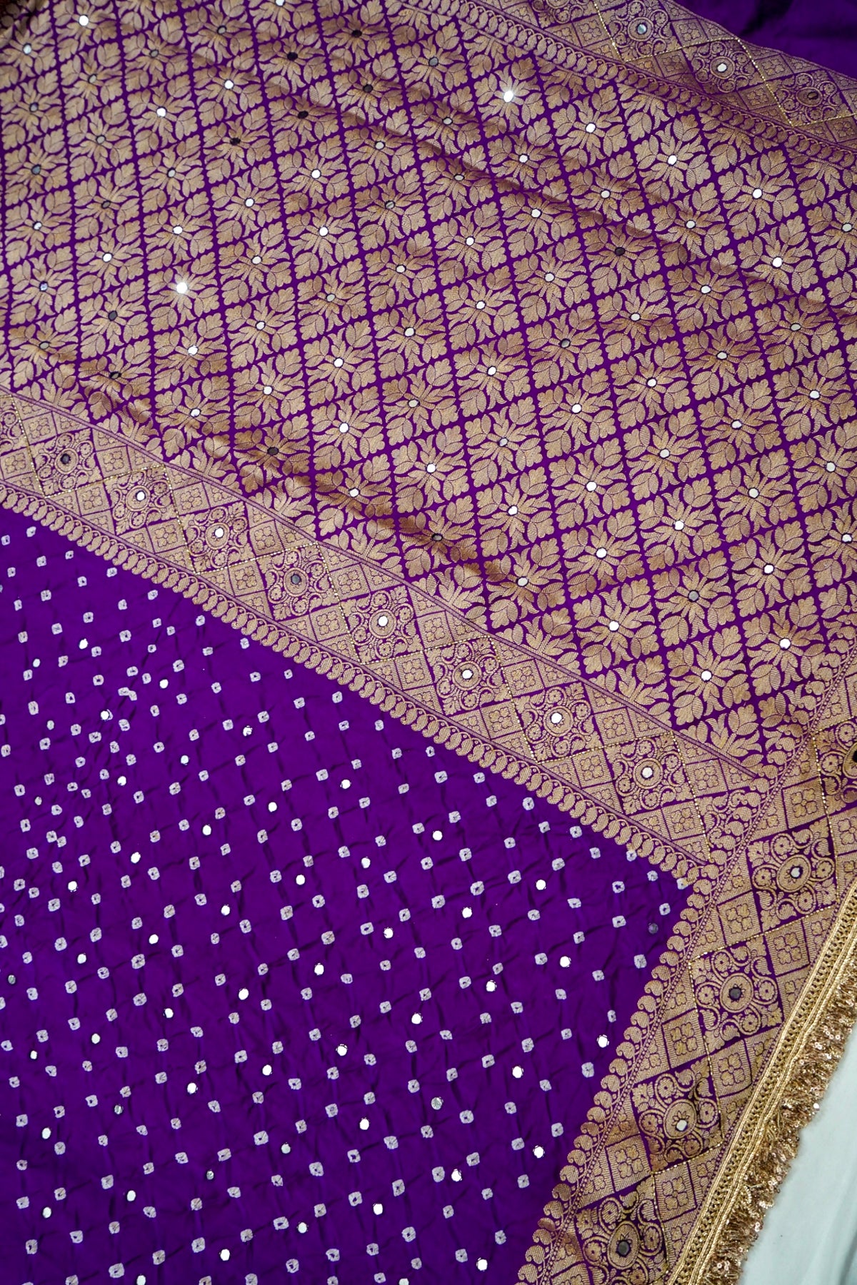 Royal Purple Bandhani Banarasi Dupion Silk Saree with Fringe Border