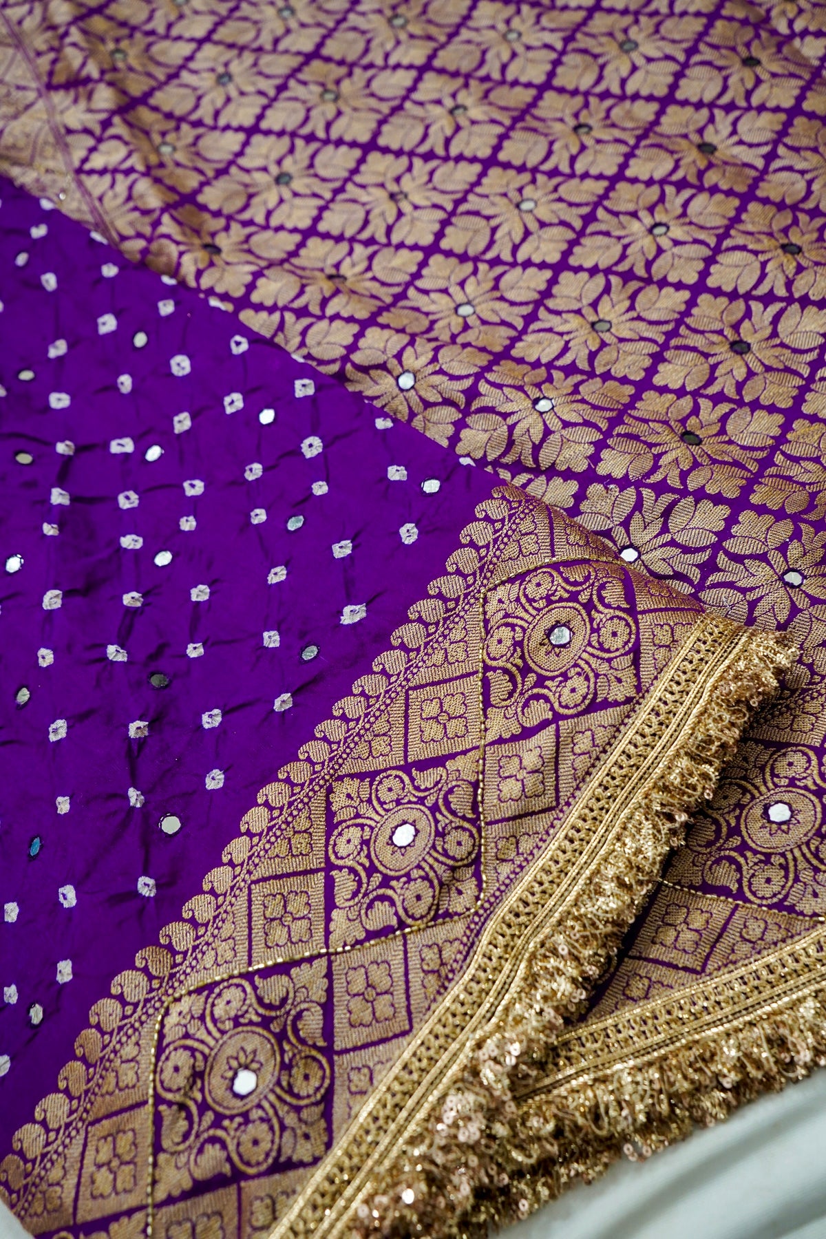 Royal Purple Bandhani Banarasi Dupion Silk Saree with Fringe Border