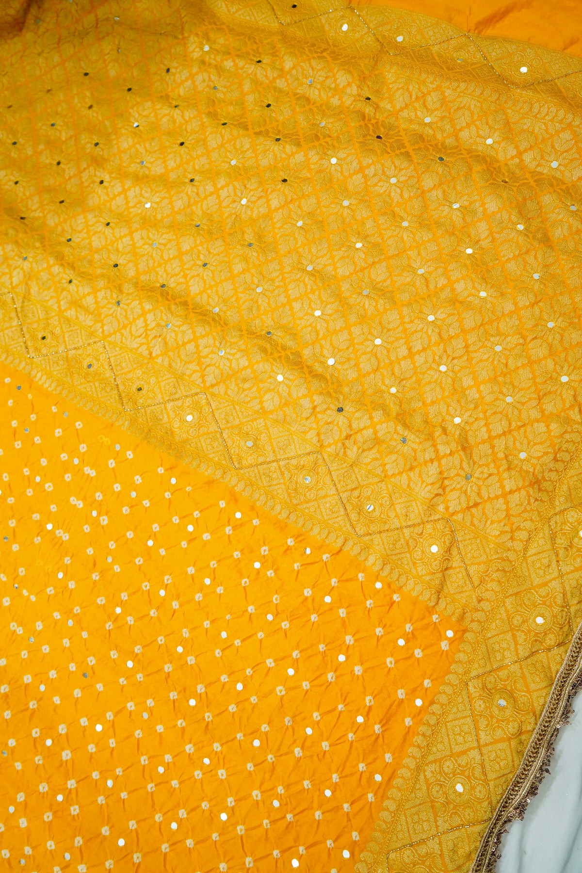 Sunshine Yellow Bandhani Banarasi Dupion Silk Saree with Fringe Border