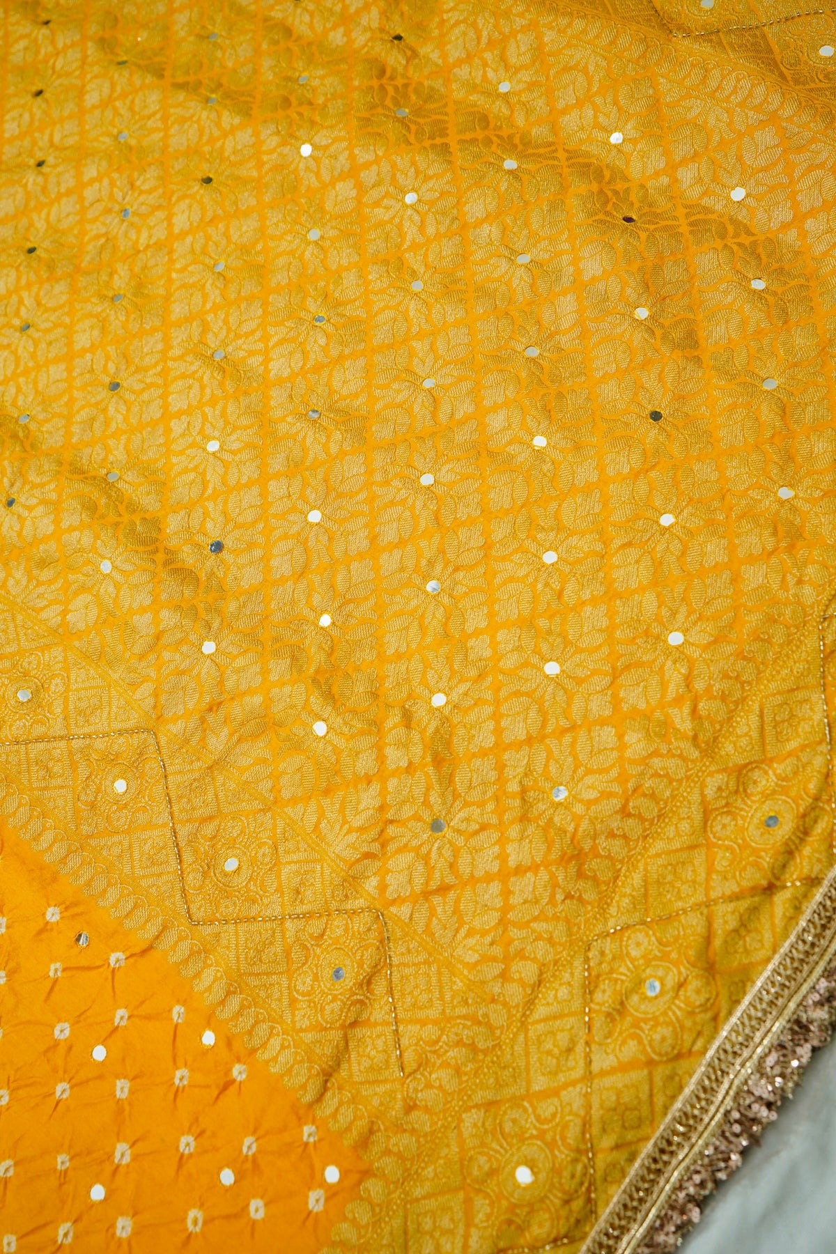 Sunshine Yellow Bandhani Banarasi Dupion Silk Saree with Fringe Border