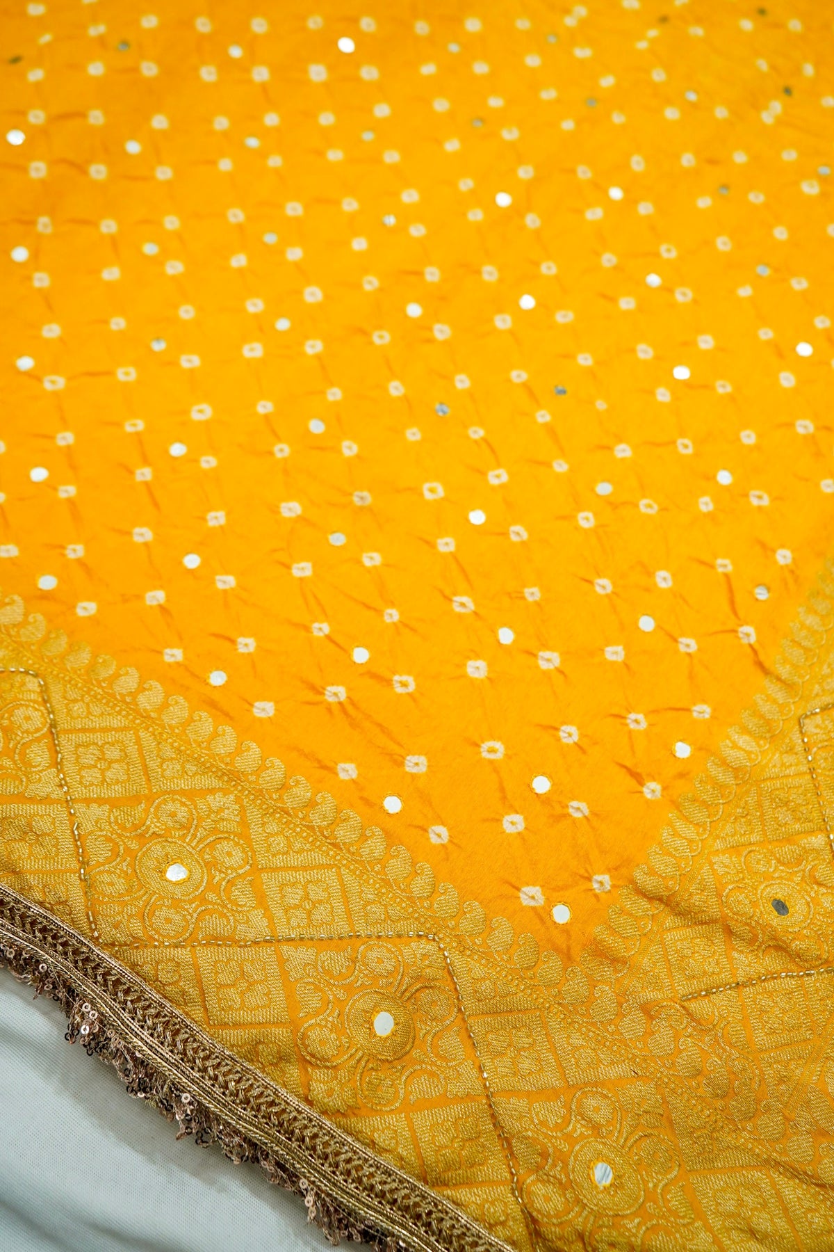 Sunshine Yellow Bandhani Banarasi Dupion Silk Saree with Fringe Border
