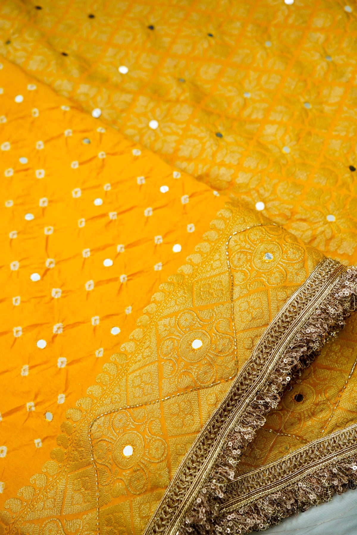 Sunshine Yellow Bandhani Banarasi Dupion Silk Saree with Fringe Border