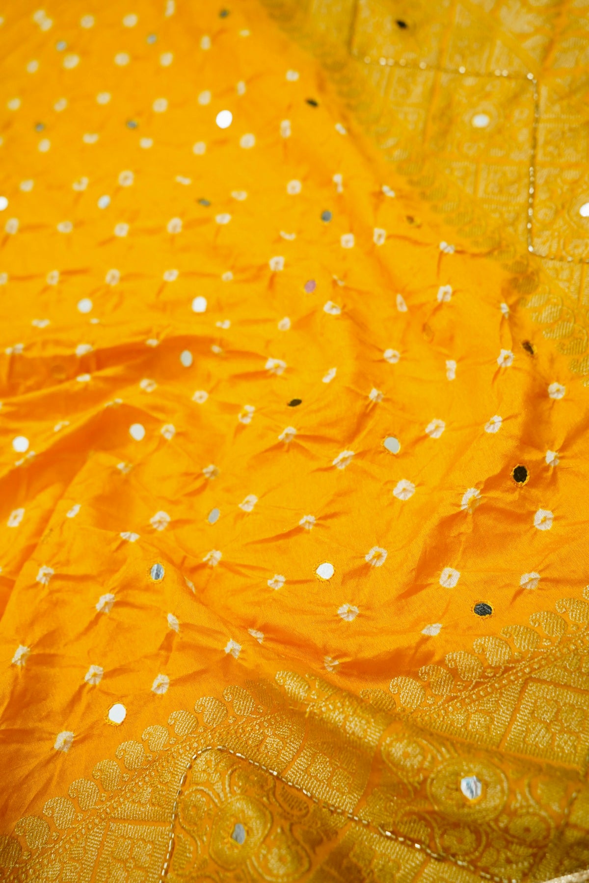 Sunshine Yellow Bandhani Banarasi Dupion Silk Saree with Fringe Border