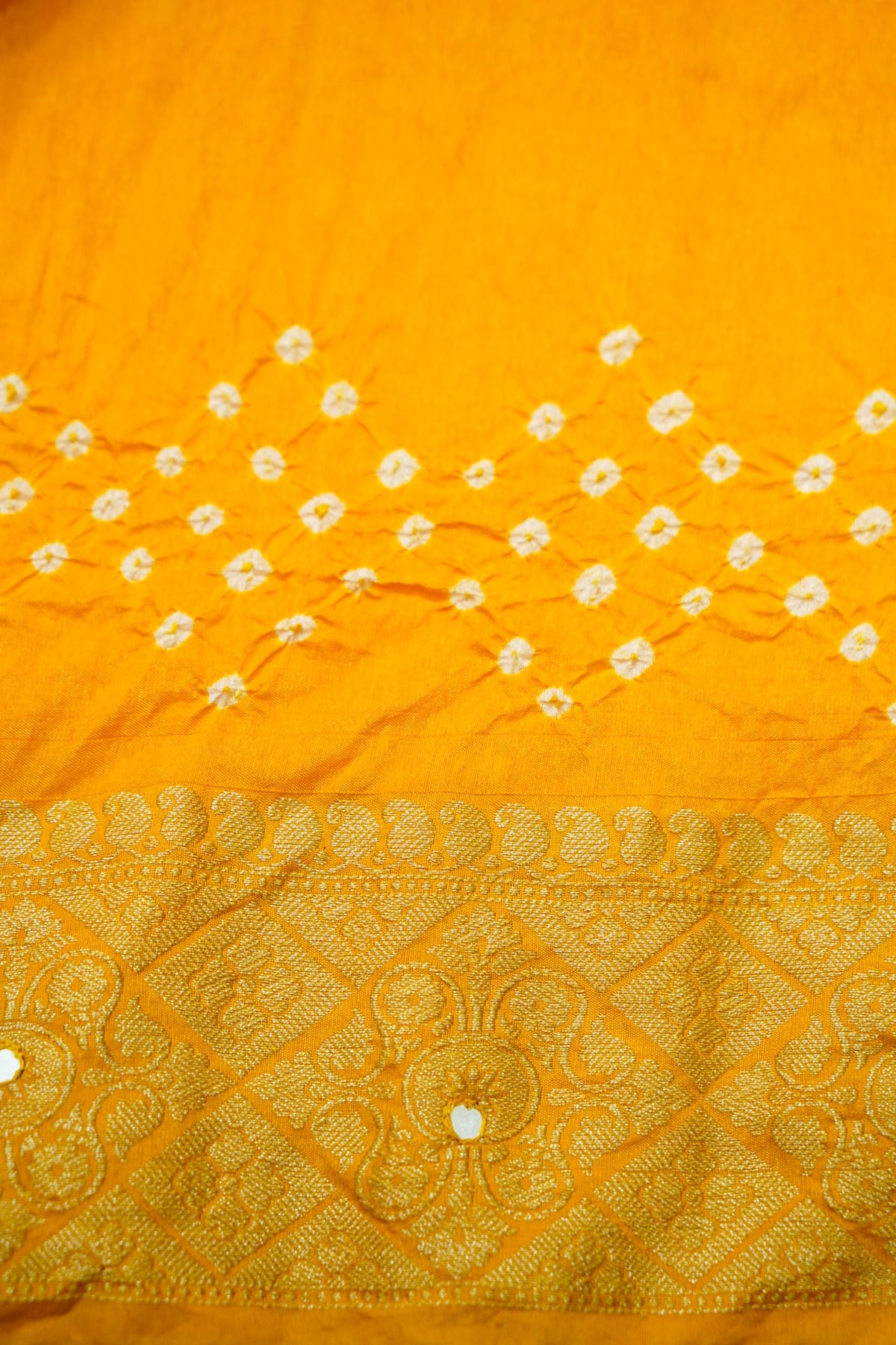 Sunshine Yellow Bandhani Banarasi Dupion Silk Saree with Fringe Border