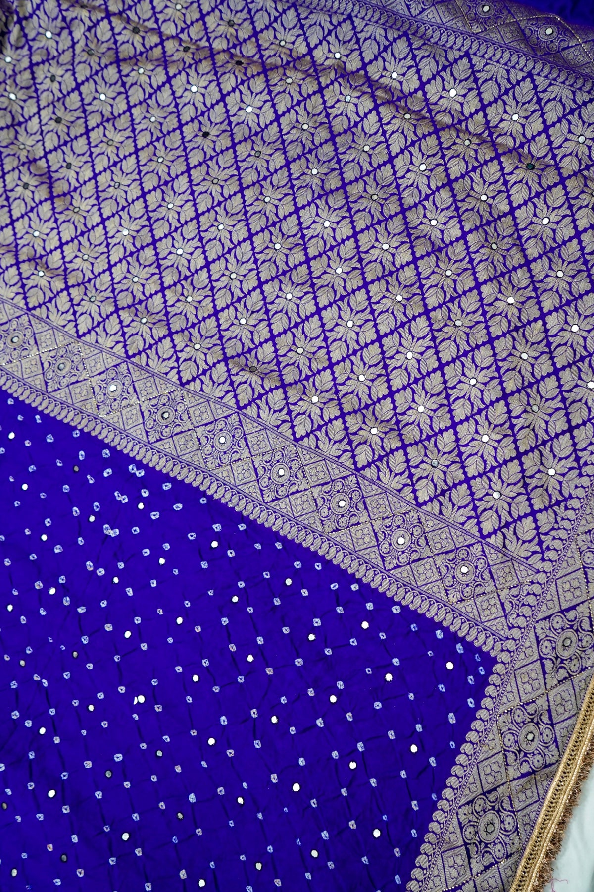 Cobalt Blue Bandhani Banarasi Dupion Silk Saree with Fringe Border
