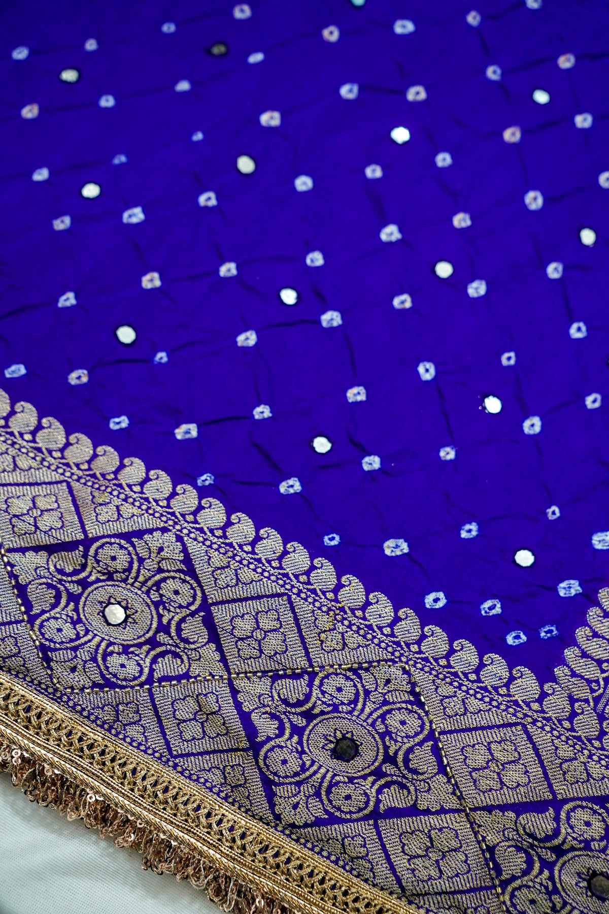 Cobalt Blue Bandhani Banarasi Dupion Silk Saree with Fringe Border