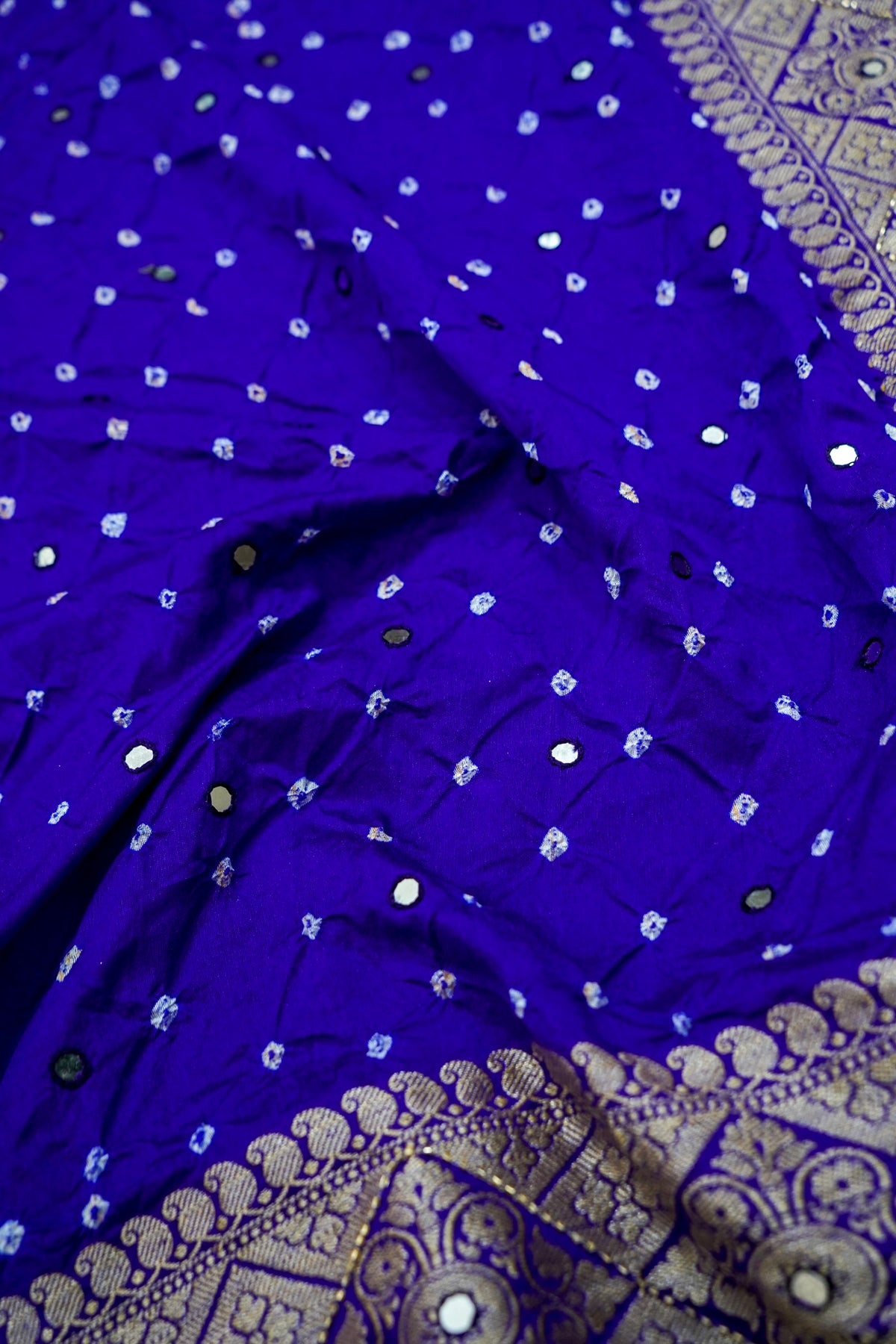 Cobalt Blue Bandhani Banarasi Dupion Silk Saree with Fringe Border