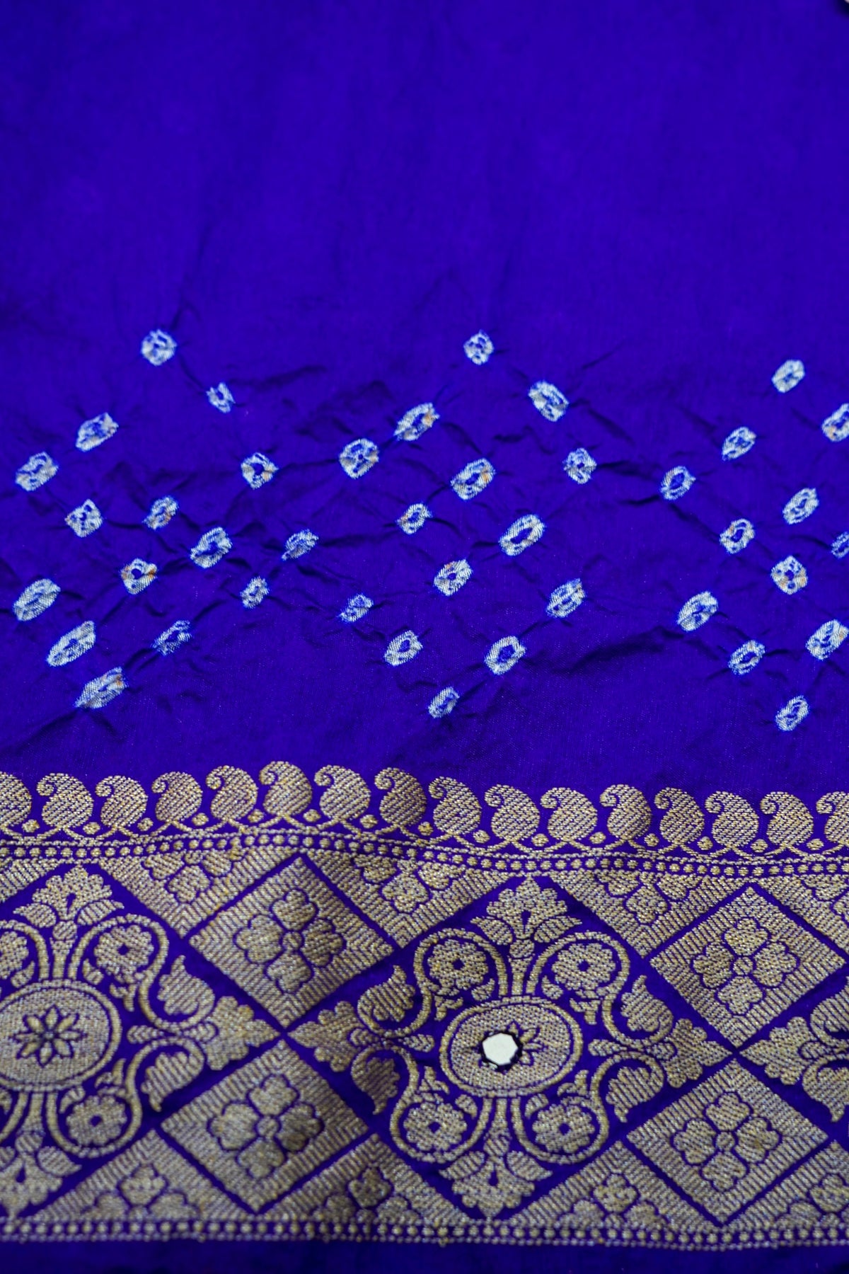 Cobalt Blue Bandhani Banarasi Dupion Silk Saree with Fringe Border