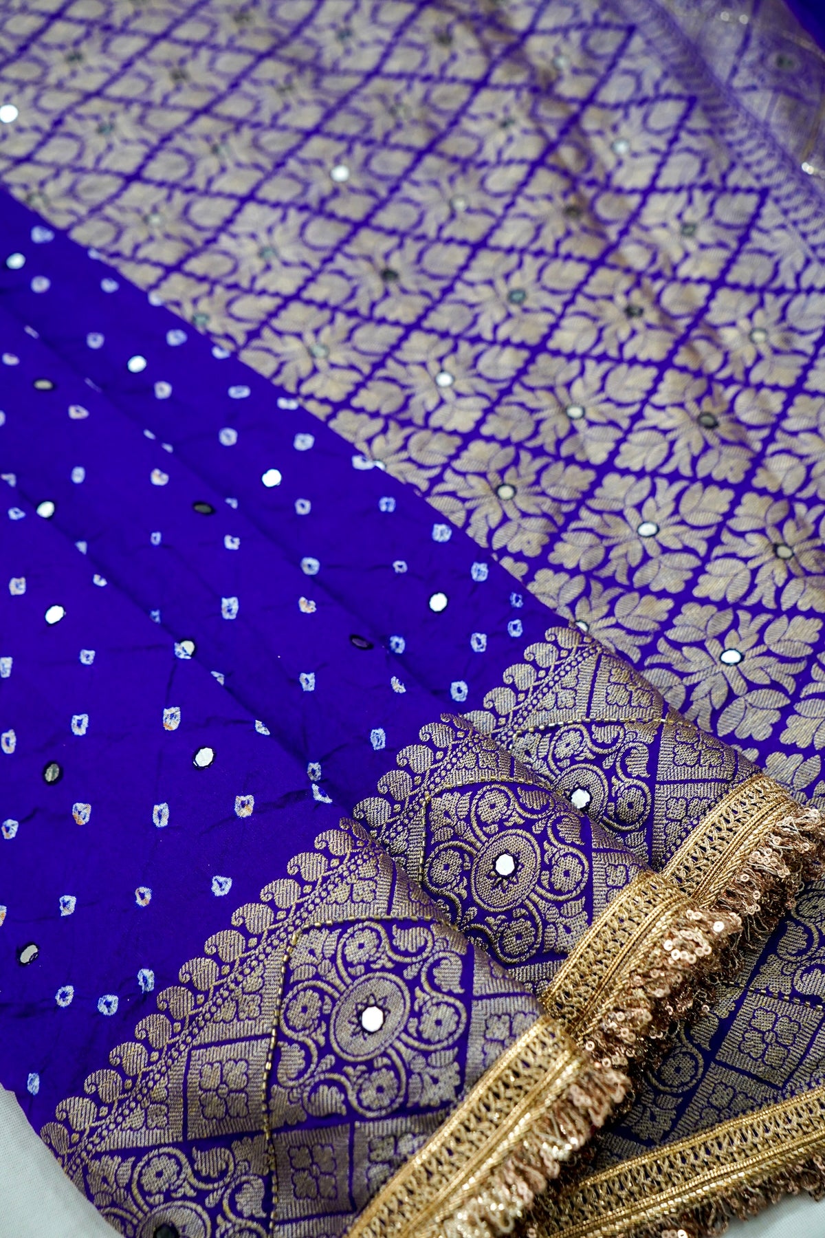 Cobalt Blue Bandhani Banarasi Dupion Silk Saree with Fringe Border