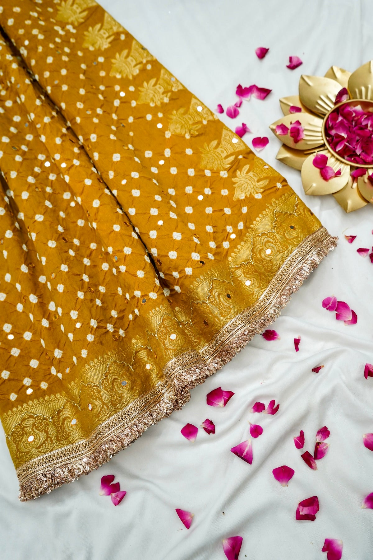 Kalash - Mustard Yellow Bandhani Dupion Silk Saree with Fringe Border