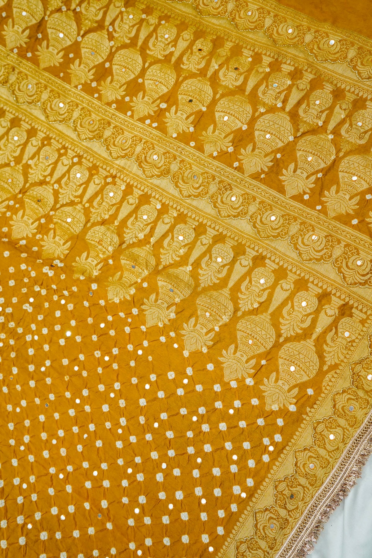 Kalash - Mustard Yellow Bandhani Dupion Silk Saree with Fringe Border