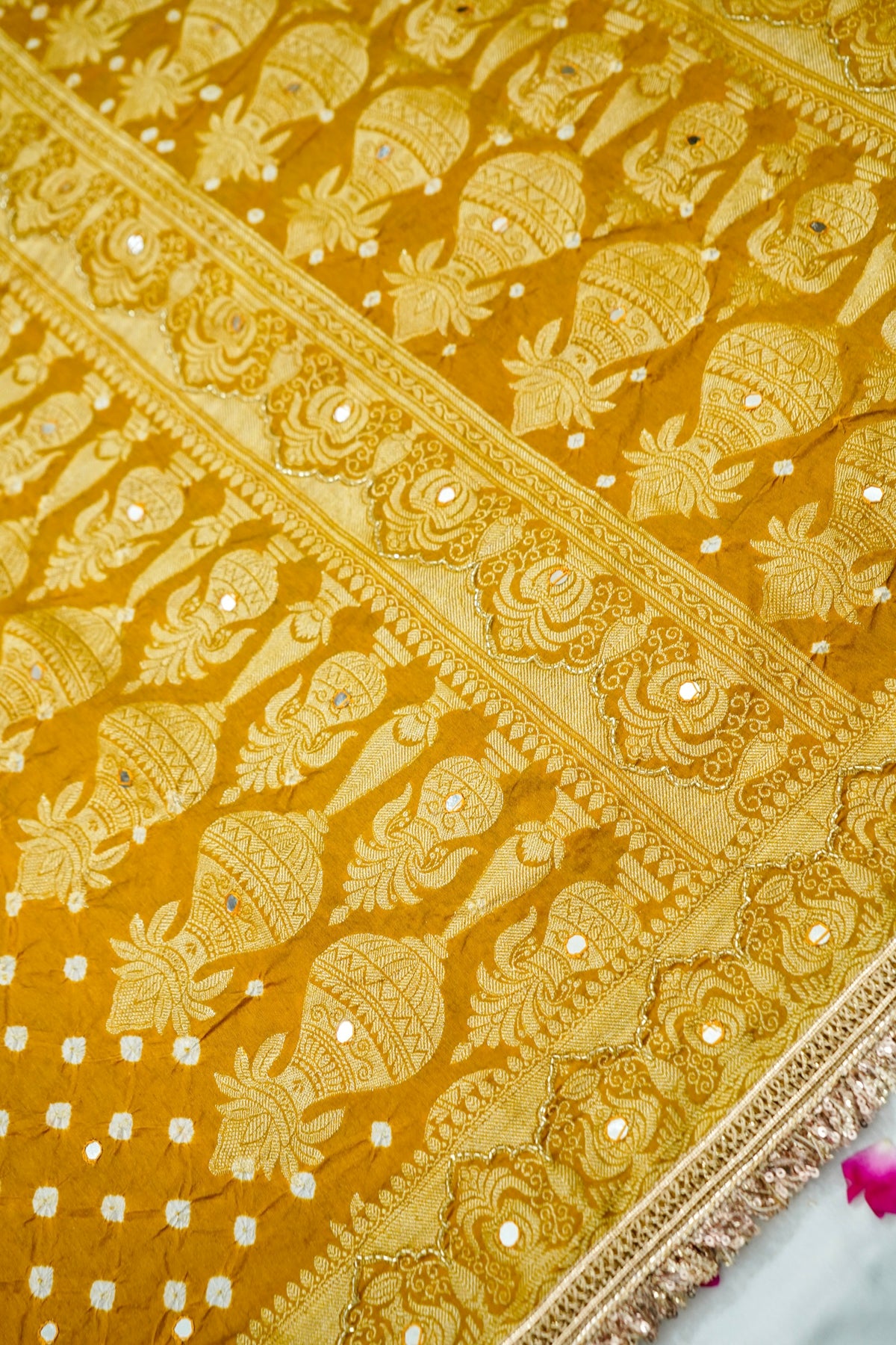 Kalash - Mustard Yellow Bandhani Dupion Silk Saree with Fringe Border