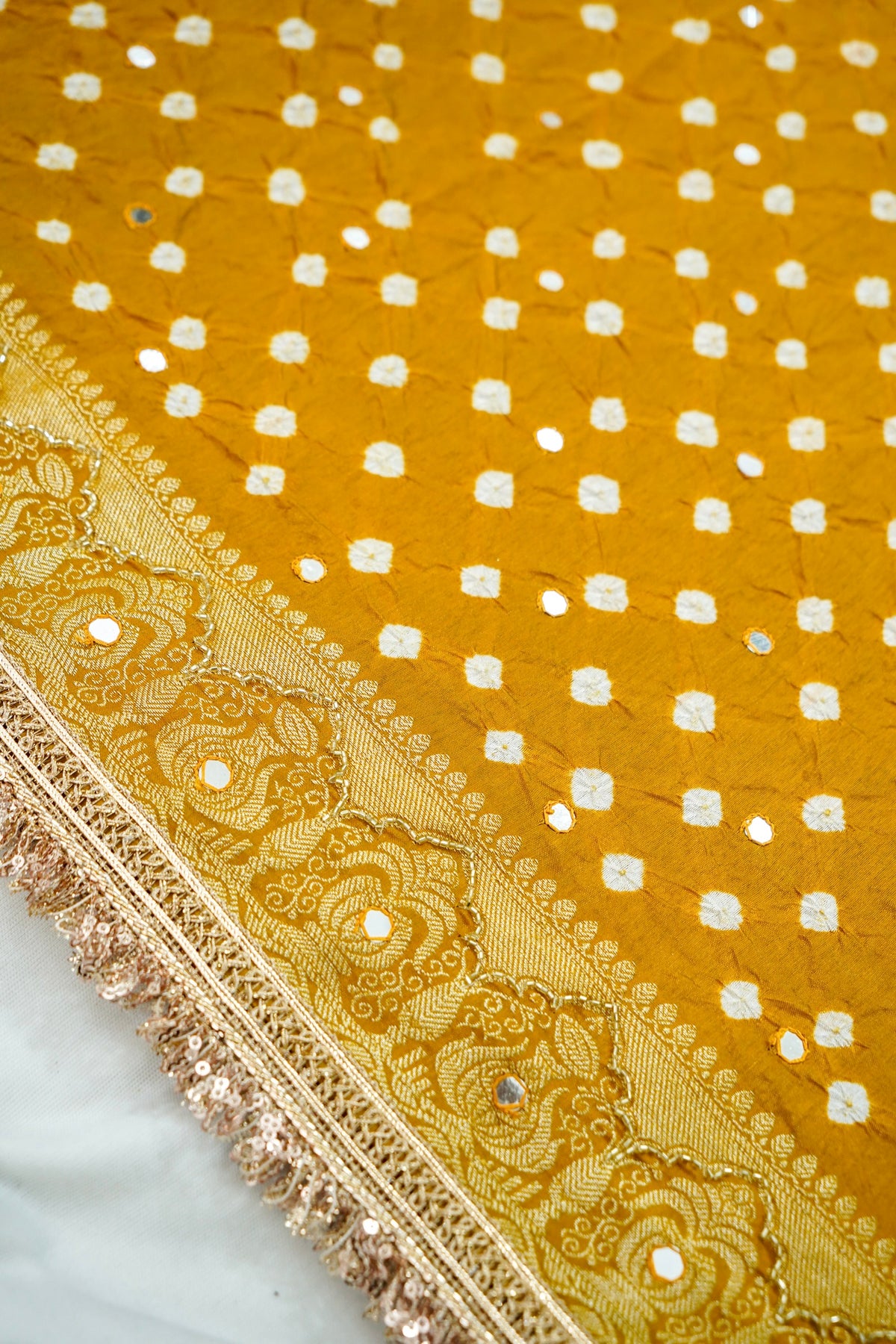 Kalash - Mustard Yellow Bandhani Dupion Silk Saree with Fringe Border