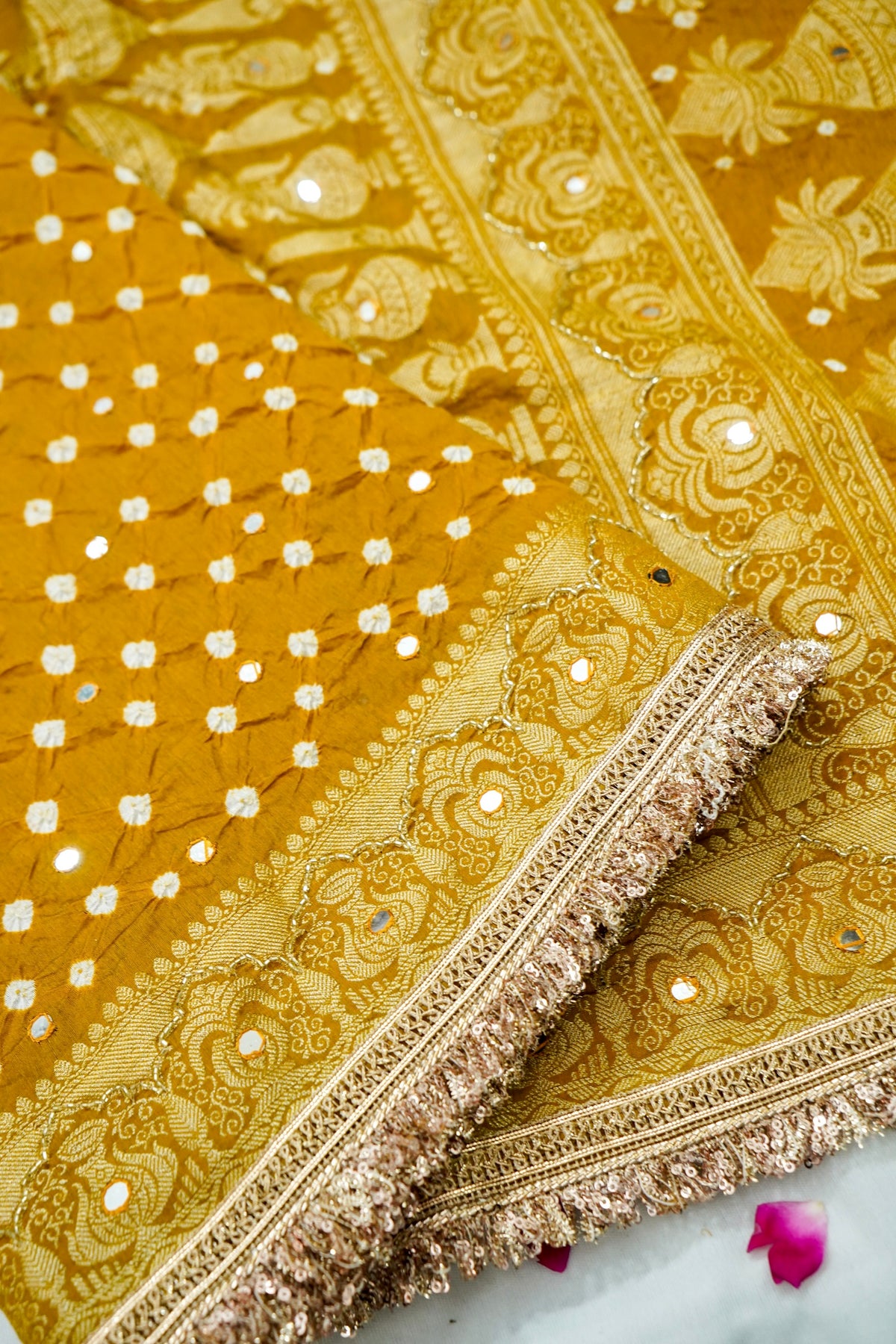 Kalash - Mustard Yellow Bandhani Dupion Silk Saree with Fringe Border