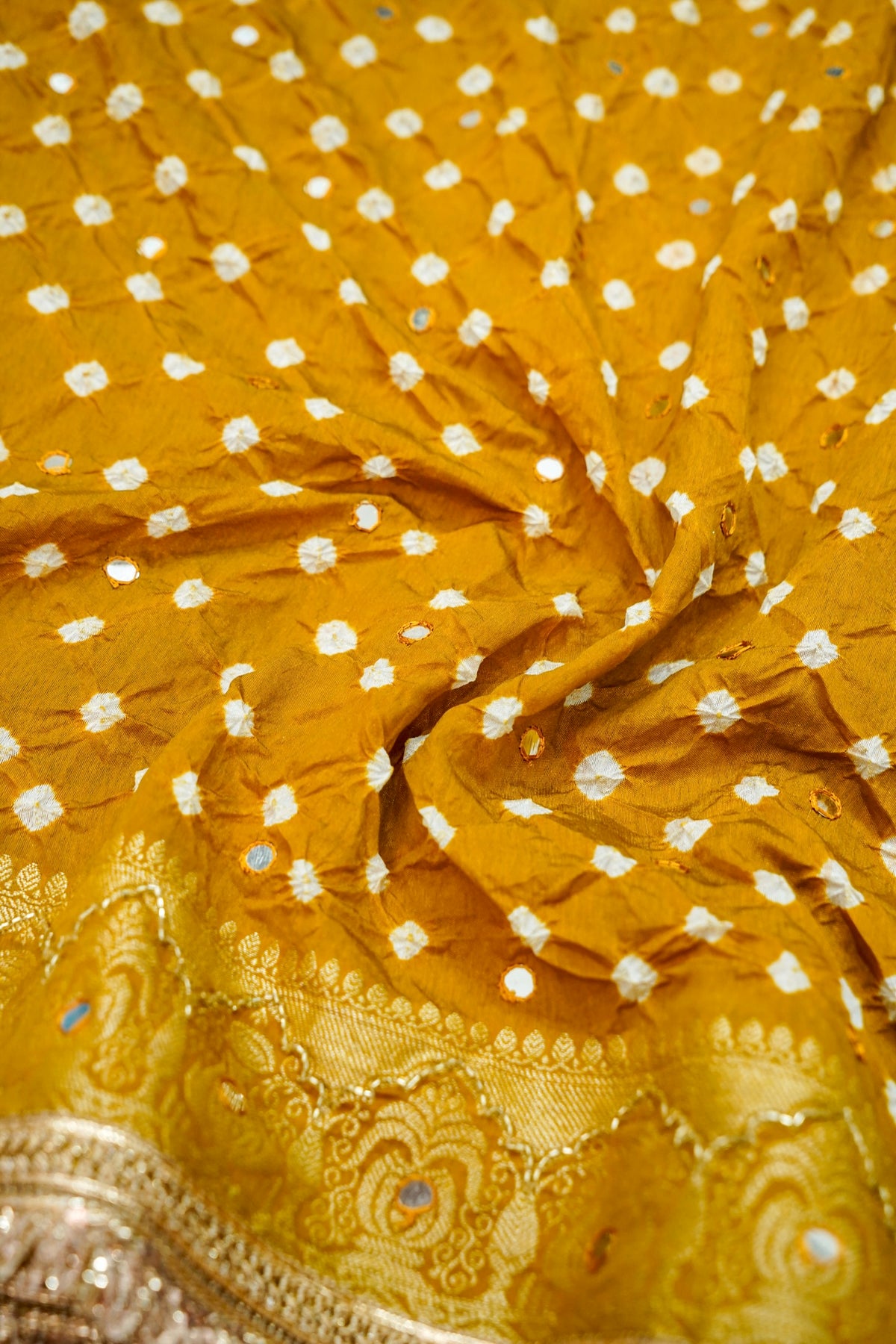 Kalash - Mustard Yellow Bandhani Dupion Silk Saree with Fringe Border