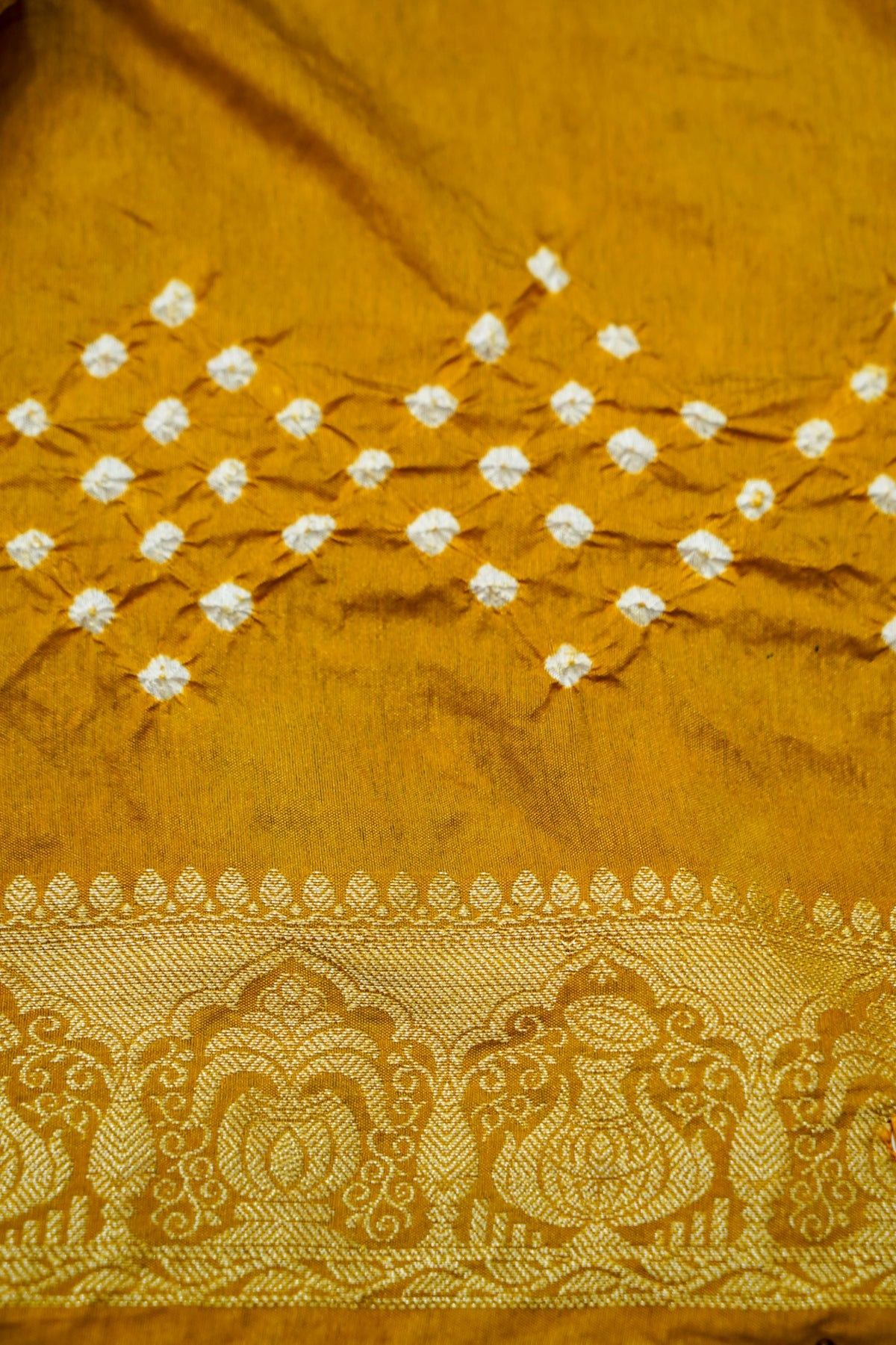Kalash - Mustard Yellow Bandhani Dupion Silk Saree with Fringe Border