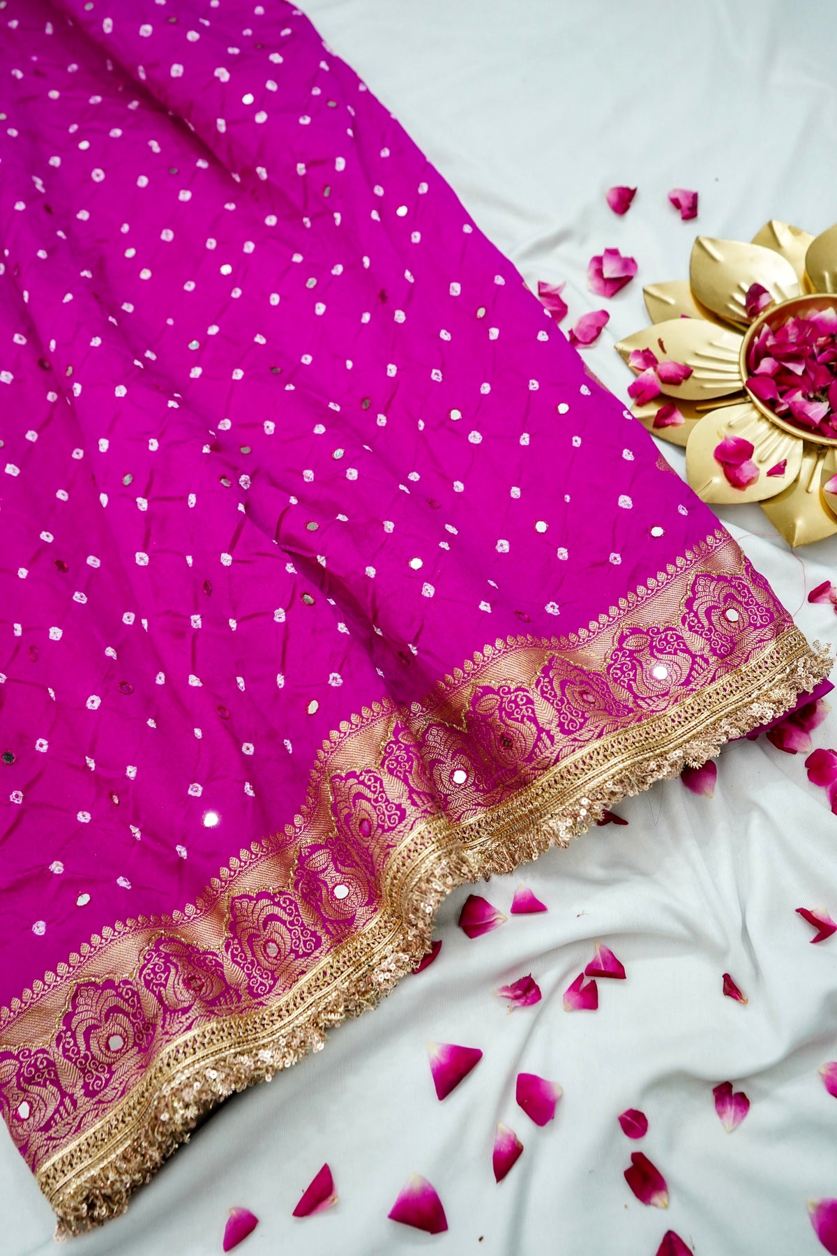 Kalash - Rani Pink Bandhani Dupion Silk Saree with Fringe Border