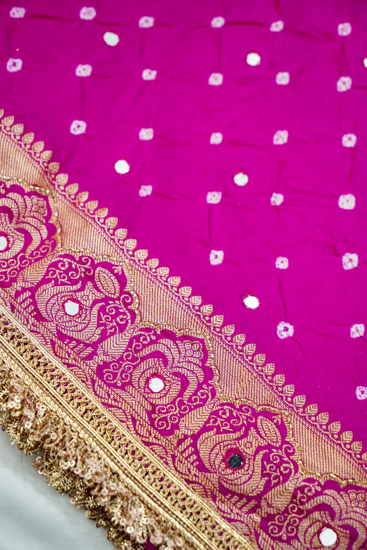 Kalash - Rani Pink Bandhani Dupion Silk Saree with Fringe Border