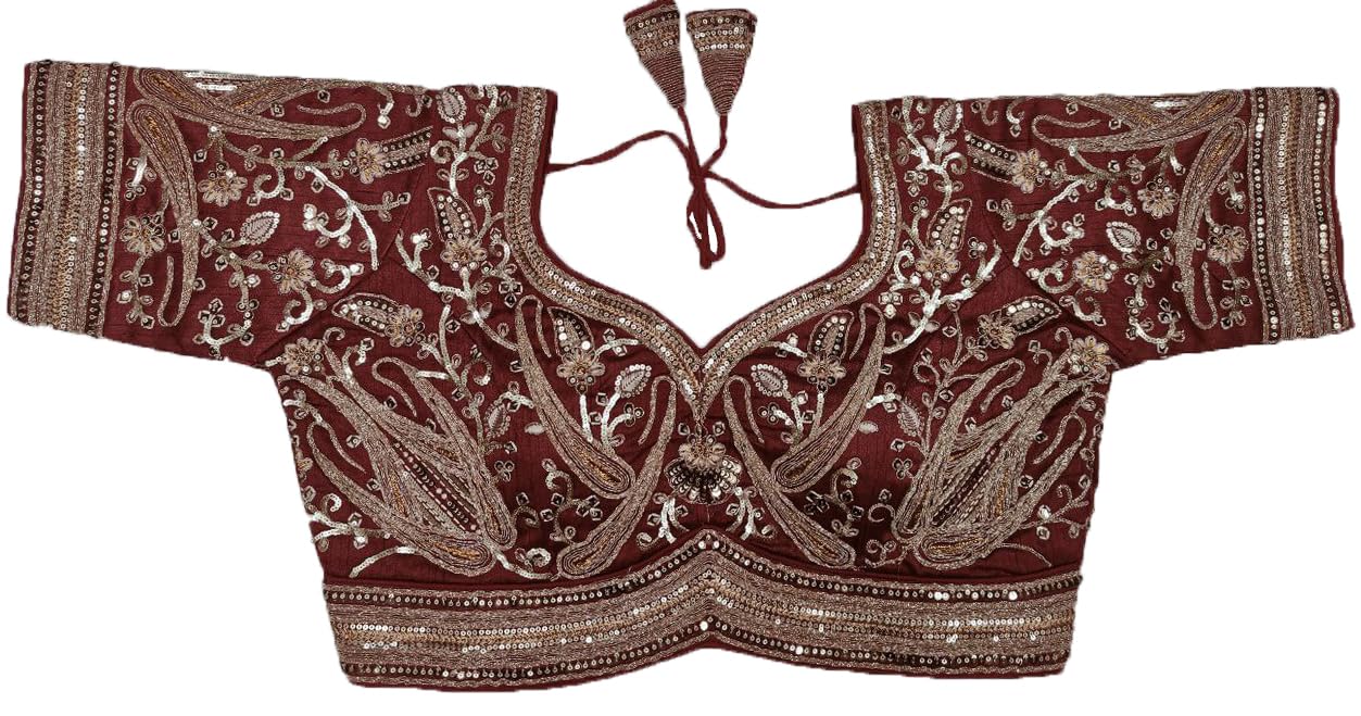 Pujia Mills Women's Readymade Bridal Blouse Embroidery Copper Coding Glitter Sequence Thread Work Indian Ethnic Designer Stitched Half Sleeve Blouse Readymade for Women Saree Bridal Lehenga Choli