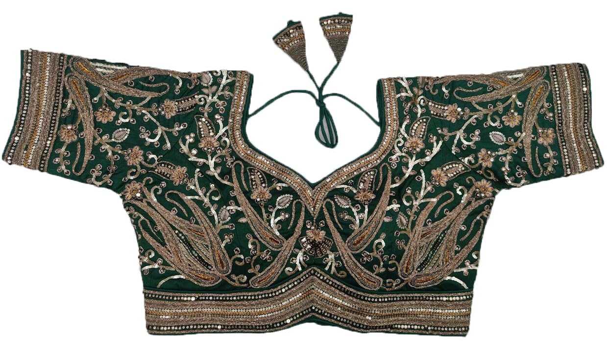 Pujia Mills Women's Readymade Bridal Blouse Embroidery Copper Coding Glitter Sequence Thread Work Indian Ethnic Designer Stitched Half Sleeve Blouse Readymade for Women Saree Bridal Lehenga Choli