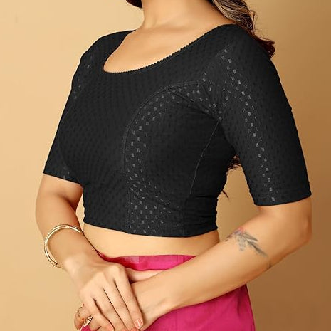 Black - Stretchable Elbow Sleeve Saree Blouse
