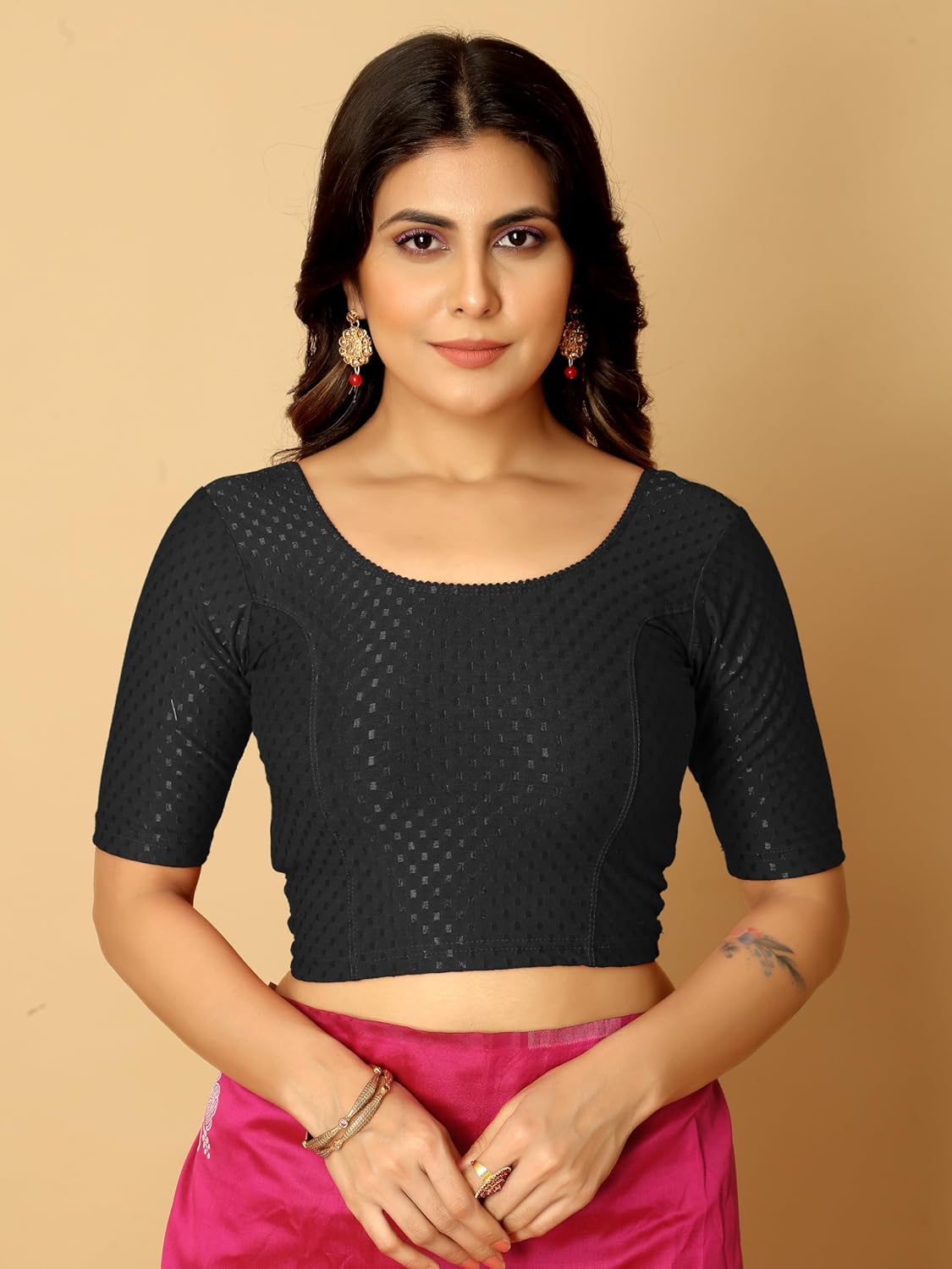 Stretchable Elbow Half Sleeve Blouse in Black